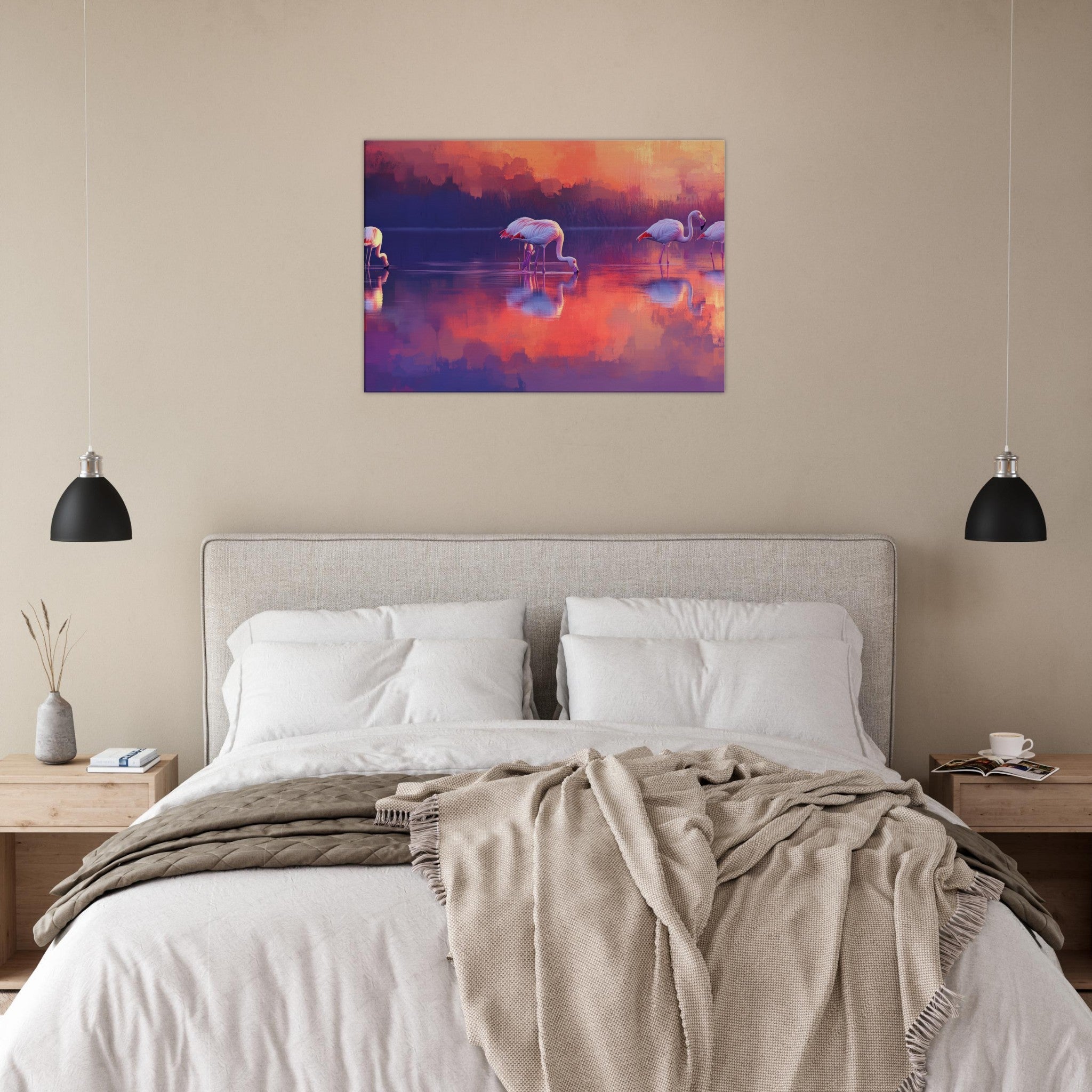 Canvas Landscape - Surreal Flamingo Lake at Sunset Graceful flaming 2 - Shop Ai Art WebShop - Digital Art online Store