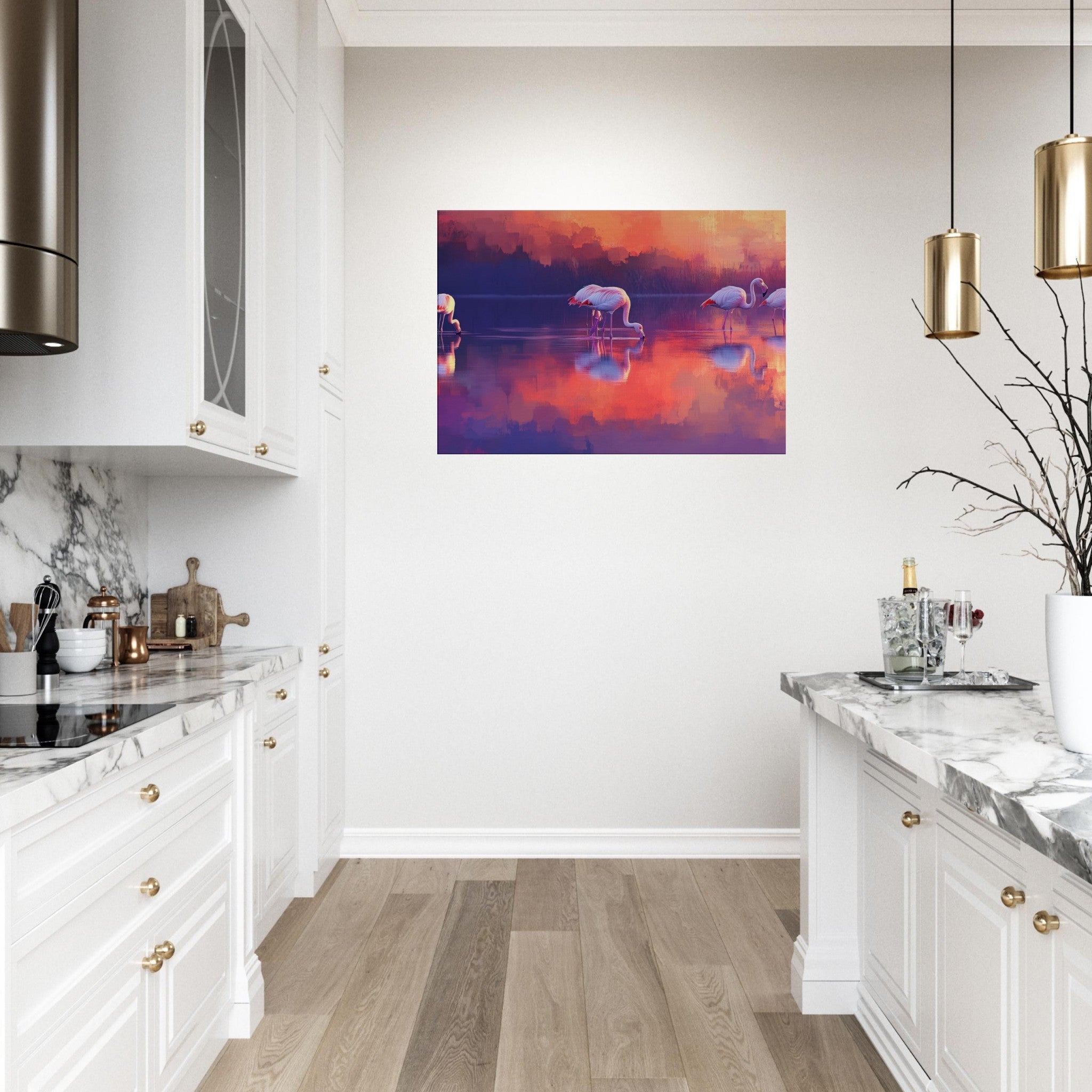 Canvas Landscape - Surreal Flamingo Lake at Sunset Graceful flaming 2 - Shop Ai Art WebShop - Digital Art online Store