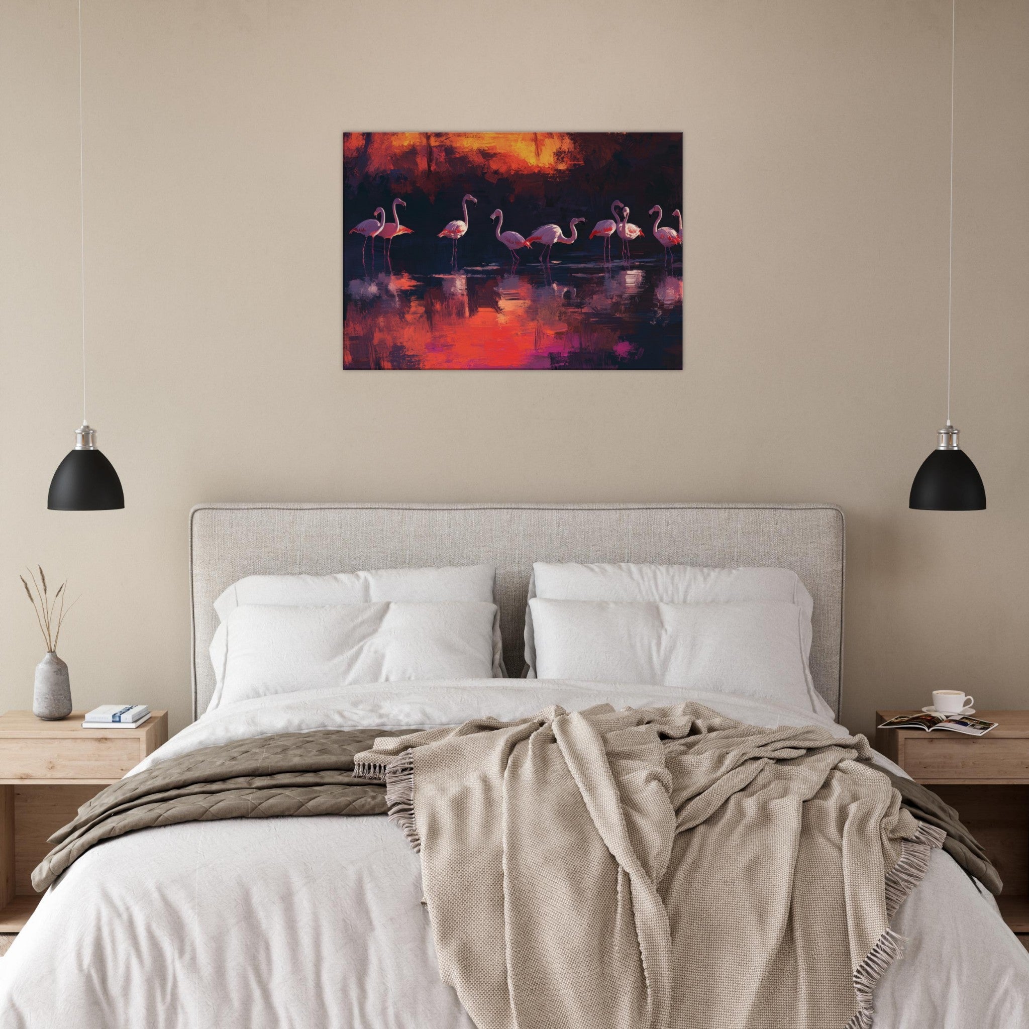 Canvas Landscape - Surreal Flamingo Lake at Sunset Graceful flaming - Shop Ai Art WebShop - Digital Art online Store