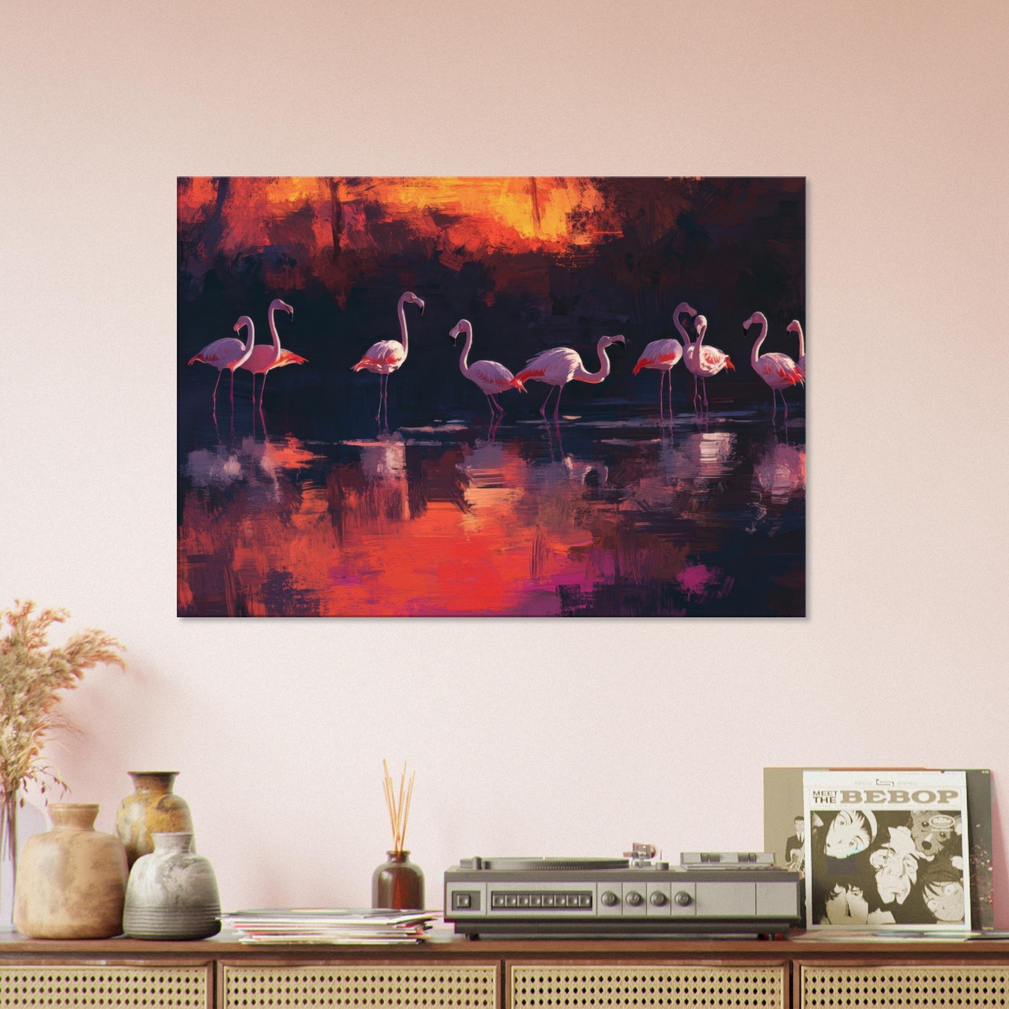 Canvas Landscape - Surreal Flamingo Lake at Sunset Graceful flaming - Shop Ai Art WebShop - Digital Art online Store