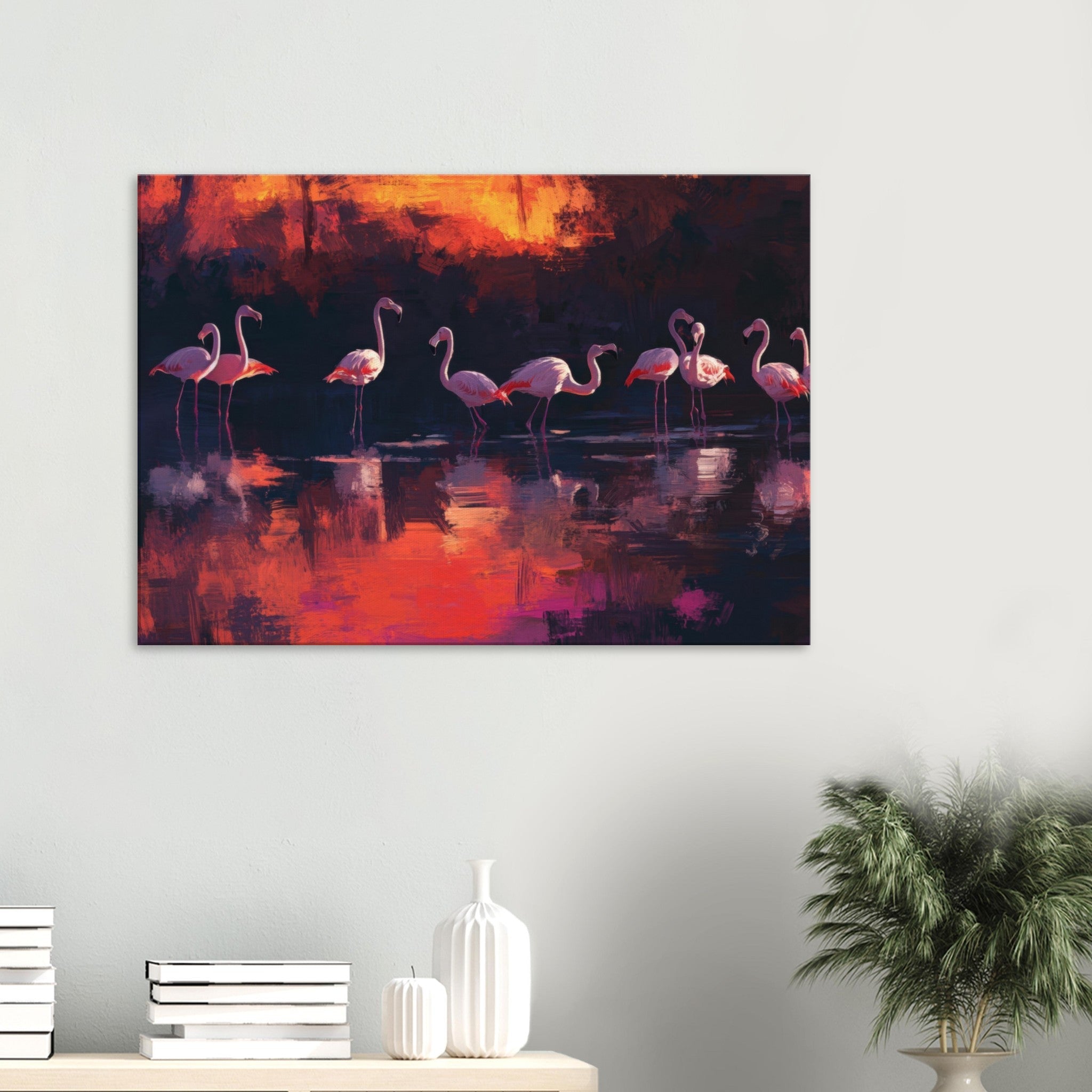 Canvas Landscape - Surreal Flamingo Lake at Sunset Graceful flaming - Shop Ai Art WebShop - Digital Art online Store