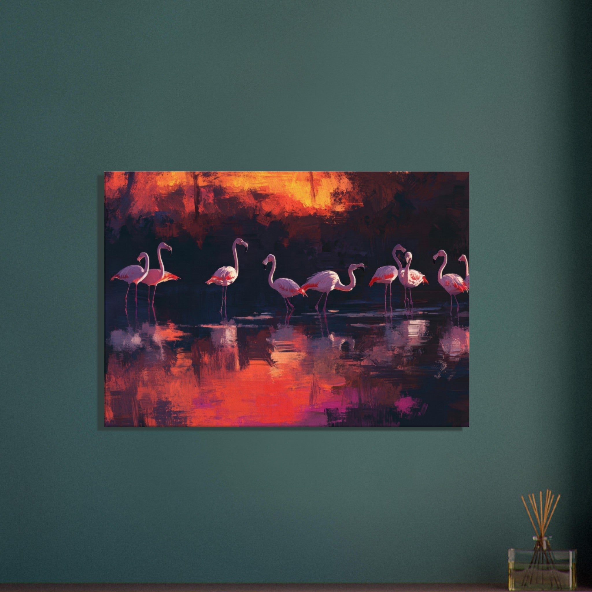 Canvas Landscape - Surreal Flamingo Lake at Sunset Graceful flaming - Shop Ai Art WebShop - Digital Art online Store