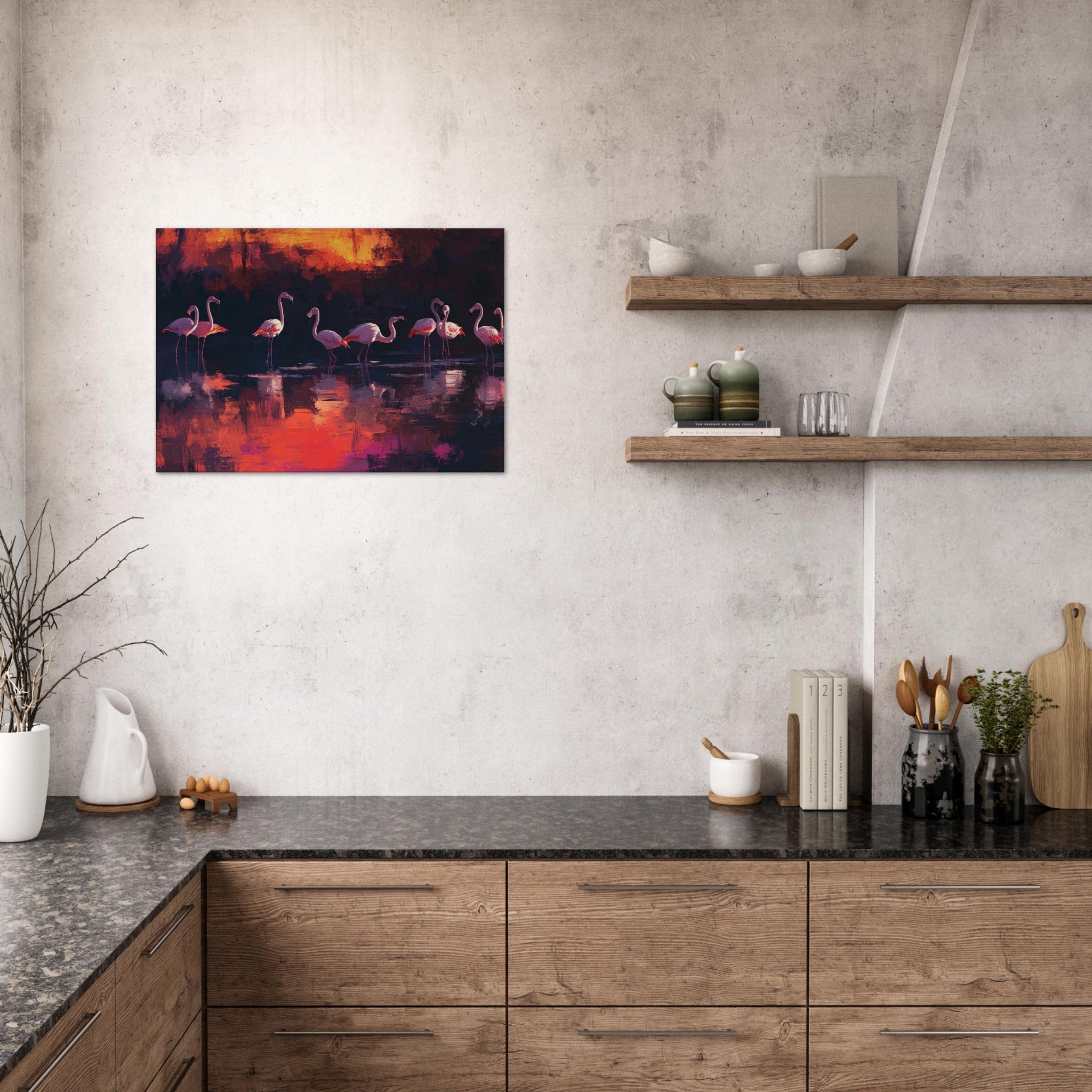 Canvas Landscape - Surreal Flamingo Lake at Sunset Graceful flaming - Shop Ai Art WebShop - Digital Art online Store