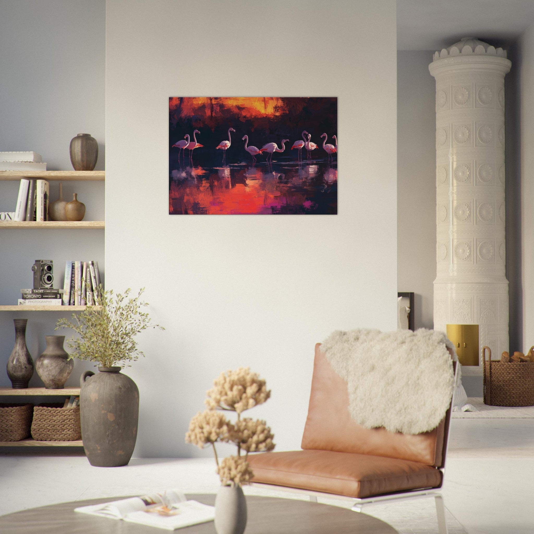 Canvas Landscape - Surreal Flamingo Lake at Sunset Graceful flaming - Shop Ai Art WebShop - Digital Art online Store