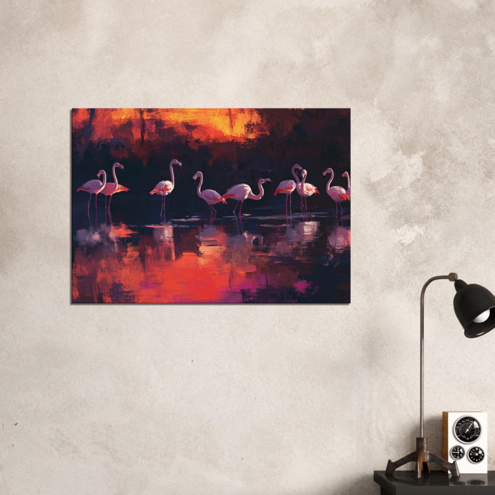 Canvas Landscape - Surreal Flamingo Lake at Sunset Graceful flaming - Shop Ai Art WebShop - Digital Art online Store