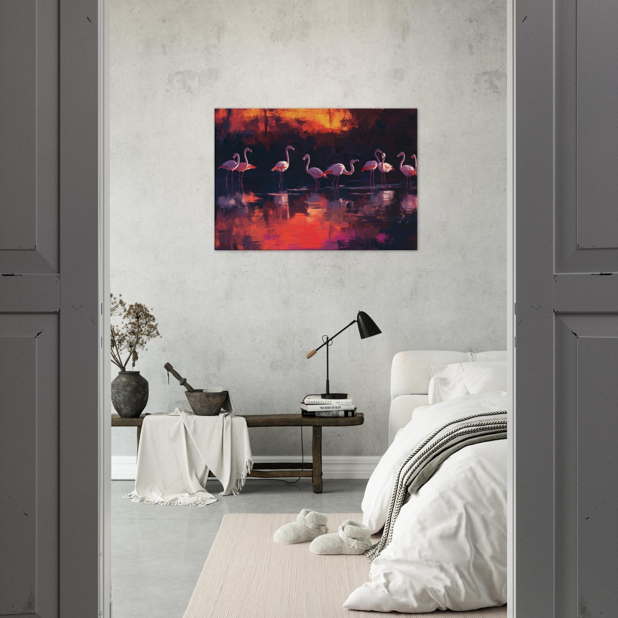 Canvas Landscape - Surreal Flamingo Lake at Sunset Graceful flaming - Shop Ai Art WebShop - Digital Art online Store