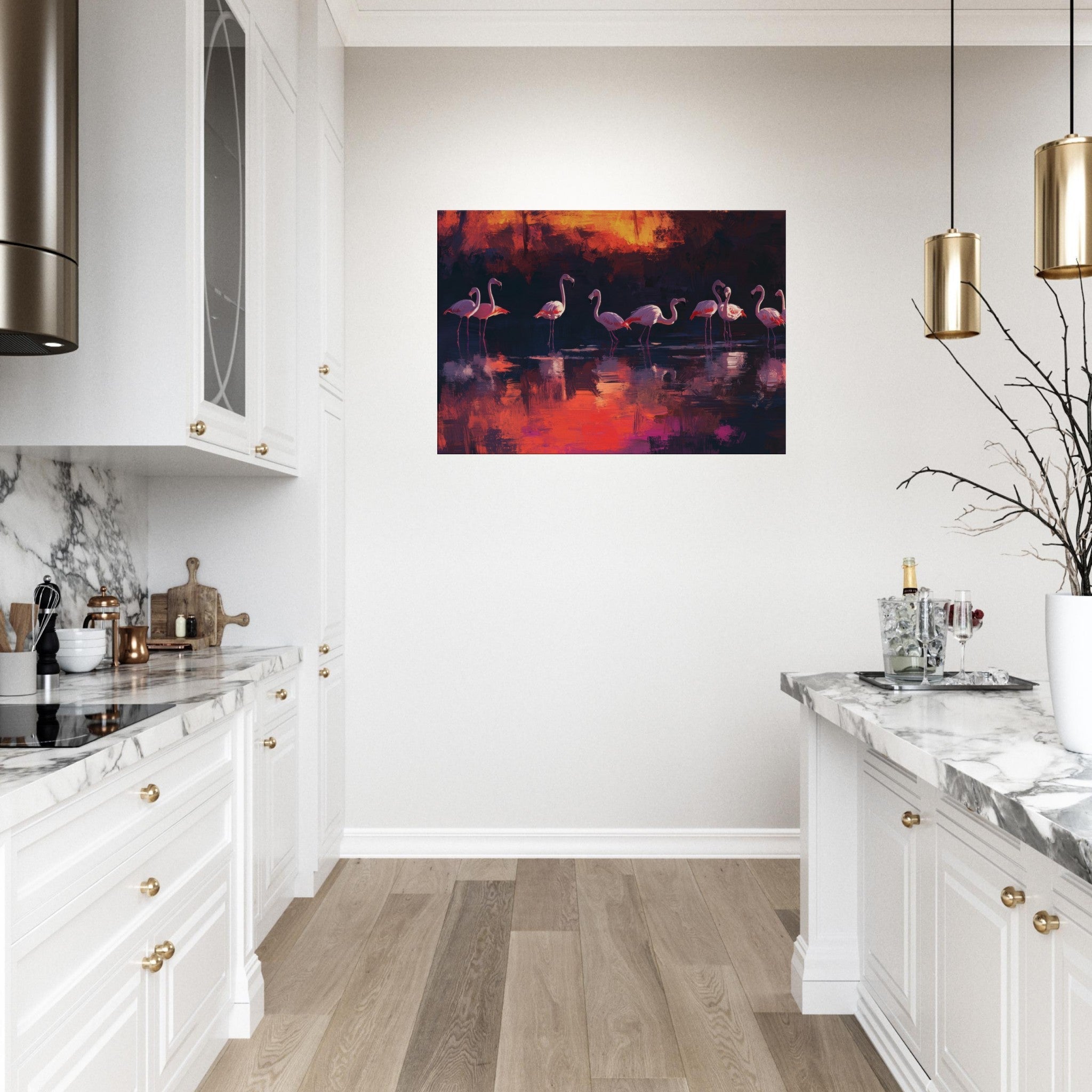 Canvas Landscape - Surreal Flamingo Lake at Sunset Graceful flaming - Shop Ai Art WebShop - Digital Art online Store
