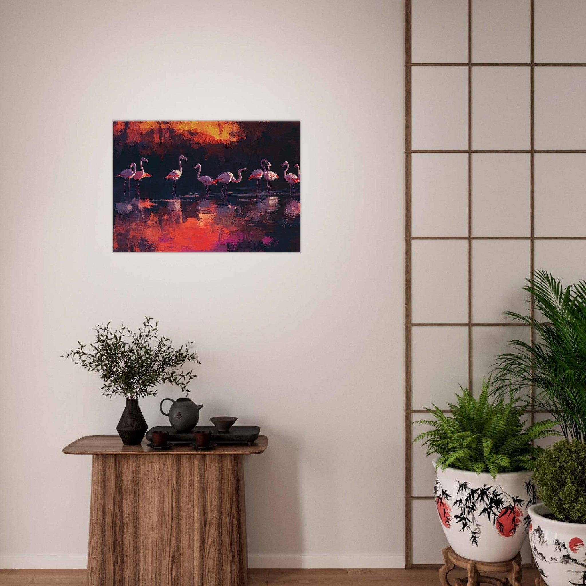 Canvas Landscape - Surreal Flamingo Lake at Sunset Graceful flaming - Shop Ai Art WebShop - Digital Art online Store