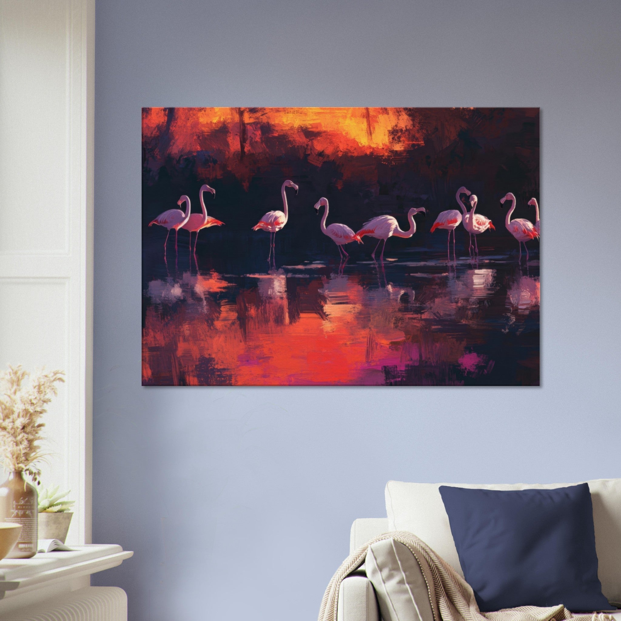 Canvas Landscape - Surreal Flamingo Lake at Sunset Graceful flaming - Shop Ai Art WebShop - Digital Art online Store