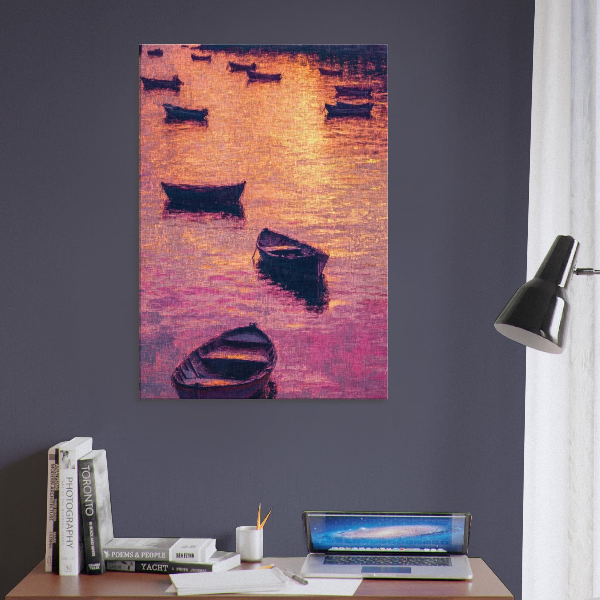 Canvas Portrait - Boats at Dusk A harbor filled with gently rocky - Shop Ai Art WebShop - Digital Art online Store