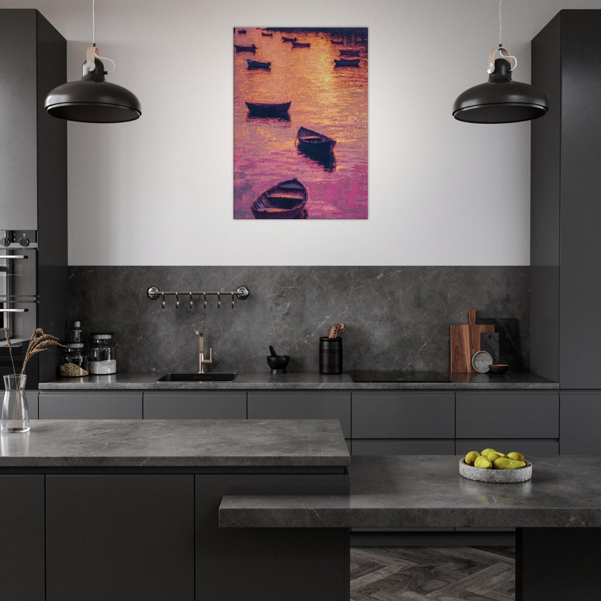 Canvas Portrait - Boats at Dusk A harbor filled with gently rocky - Shop Ai Art WebShop - Digital Art online Store