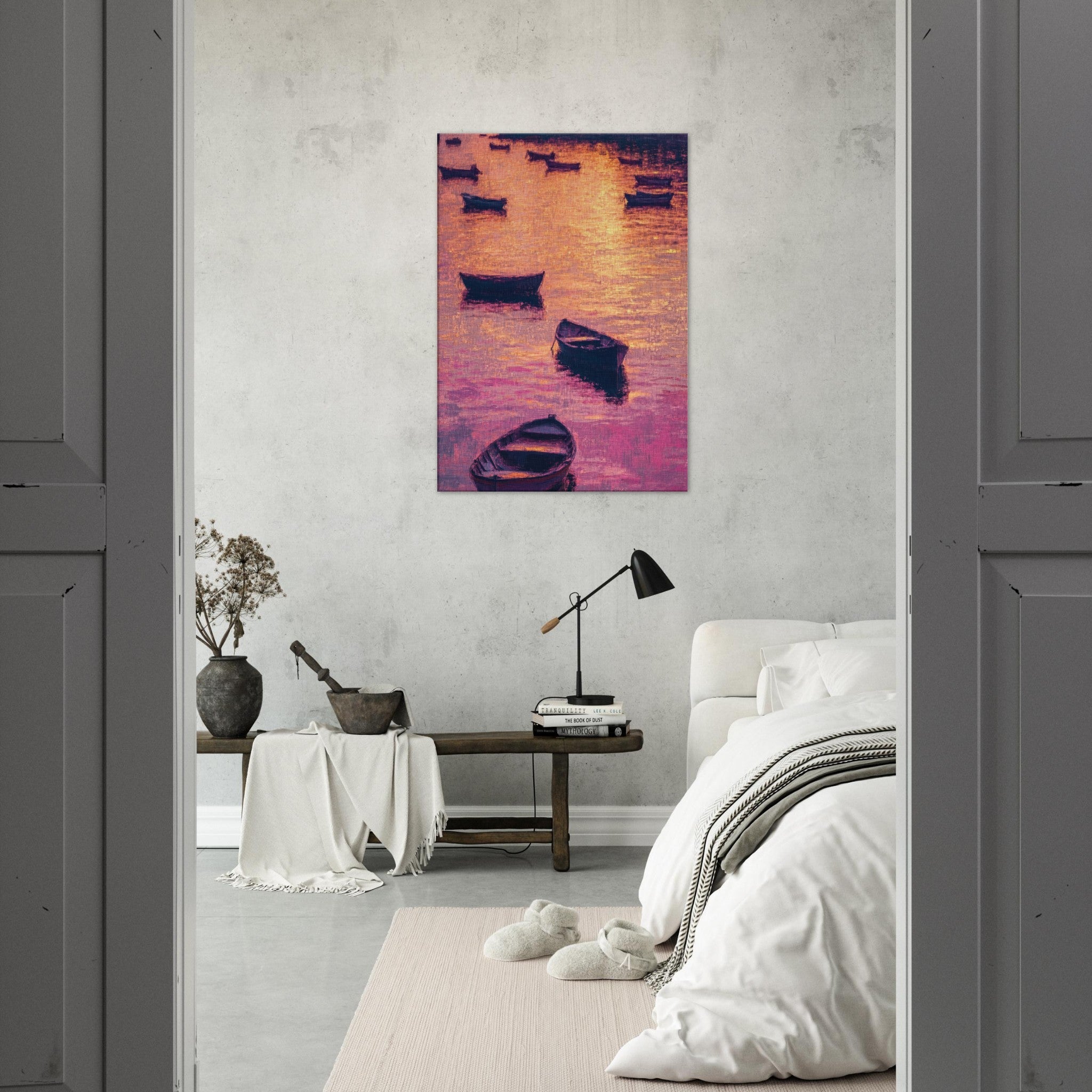 Canvas Portrait - Boats at Dusk A harbor filled with gently rocky - Shop Ai Art WebShop - Digital Art online Store
