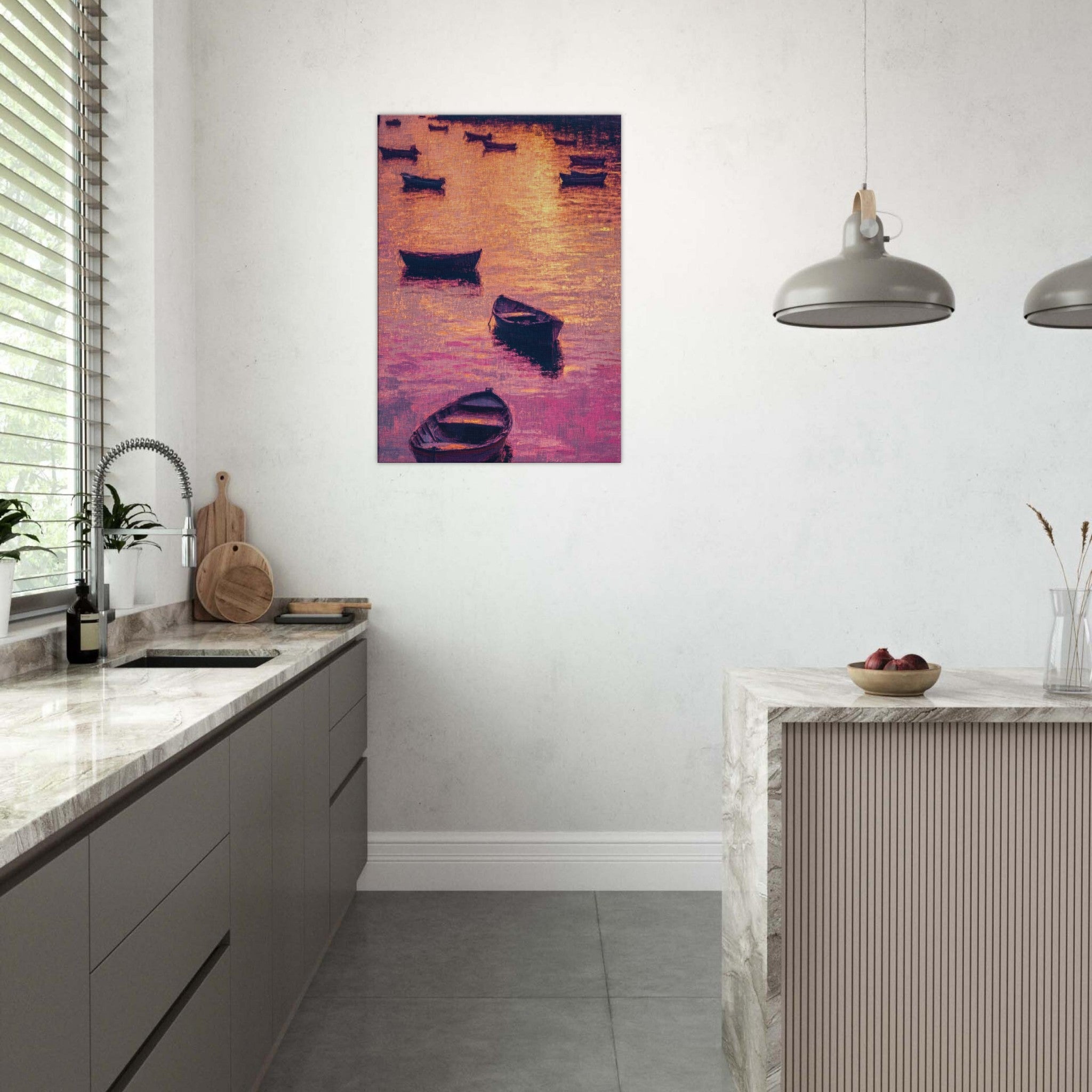Canvas Portrait - Boats at Dusk A harbor filled with gently rocky - Shop Ai Art WebShop - Digital Art online Store