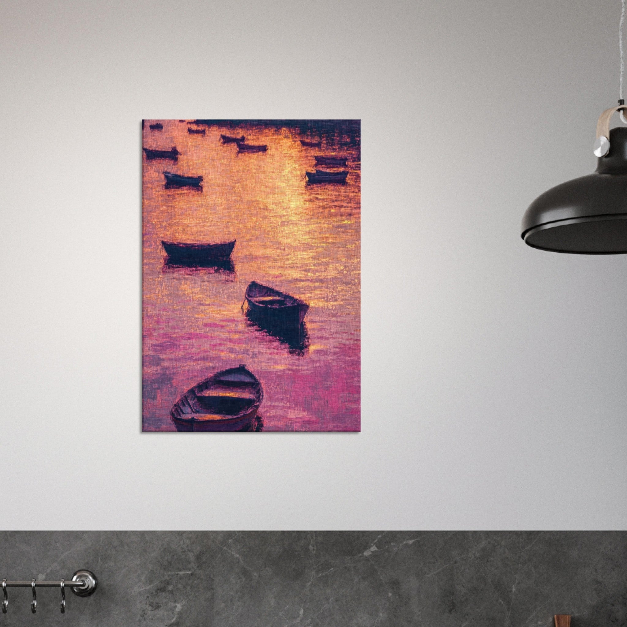 Canvas Portrait - Boats at Dusk A harbor filled with gently rocky - Shop Ai Art WebShop - Digital Art online Store