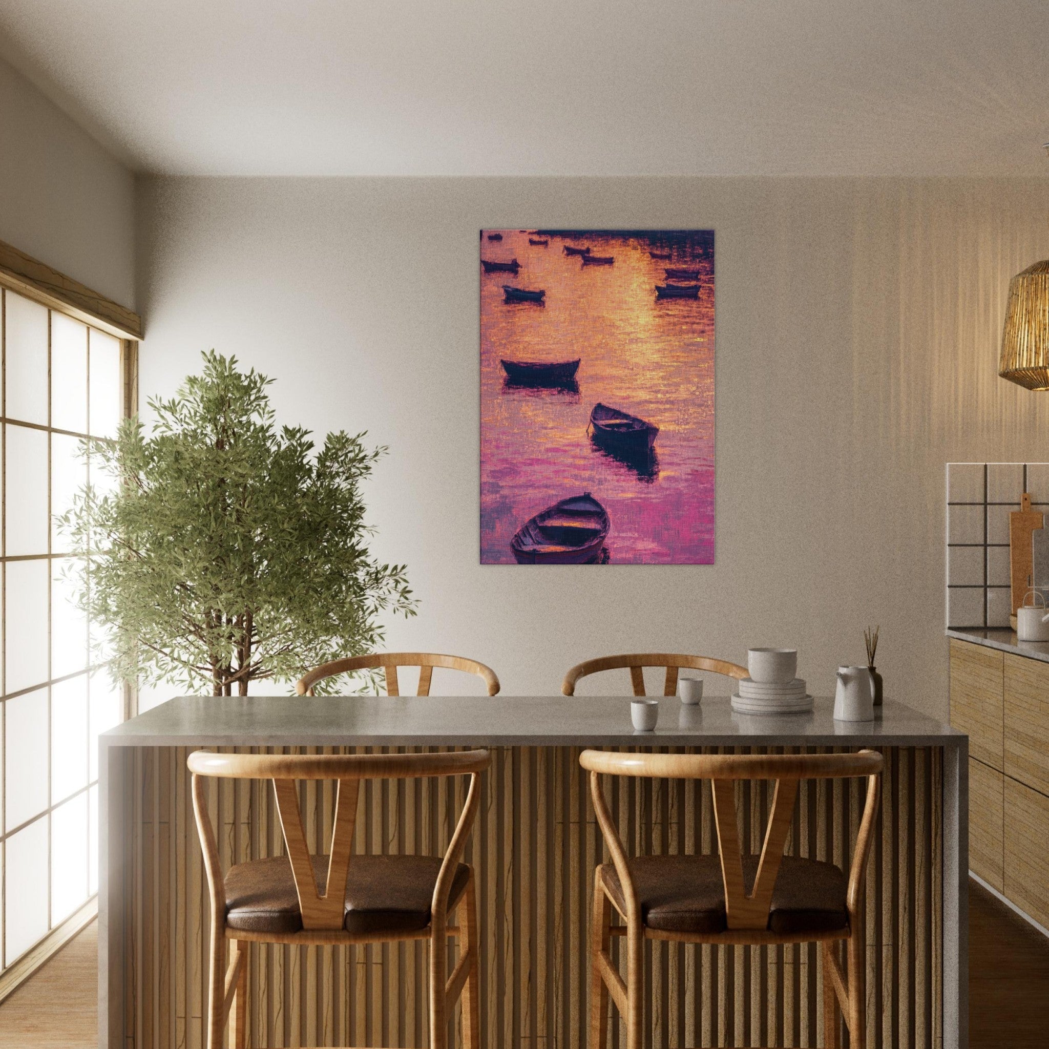 Canvas Portrait - Boats at Dusk A harbor filled with gently rocky - Shop Ai Art WebShop - Digital Art online Store