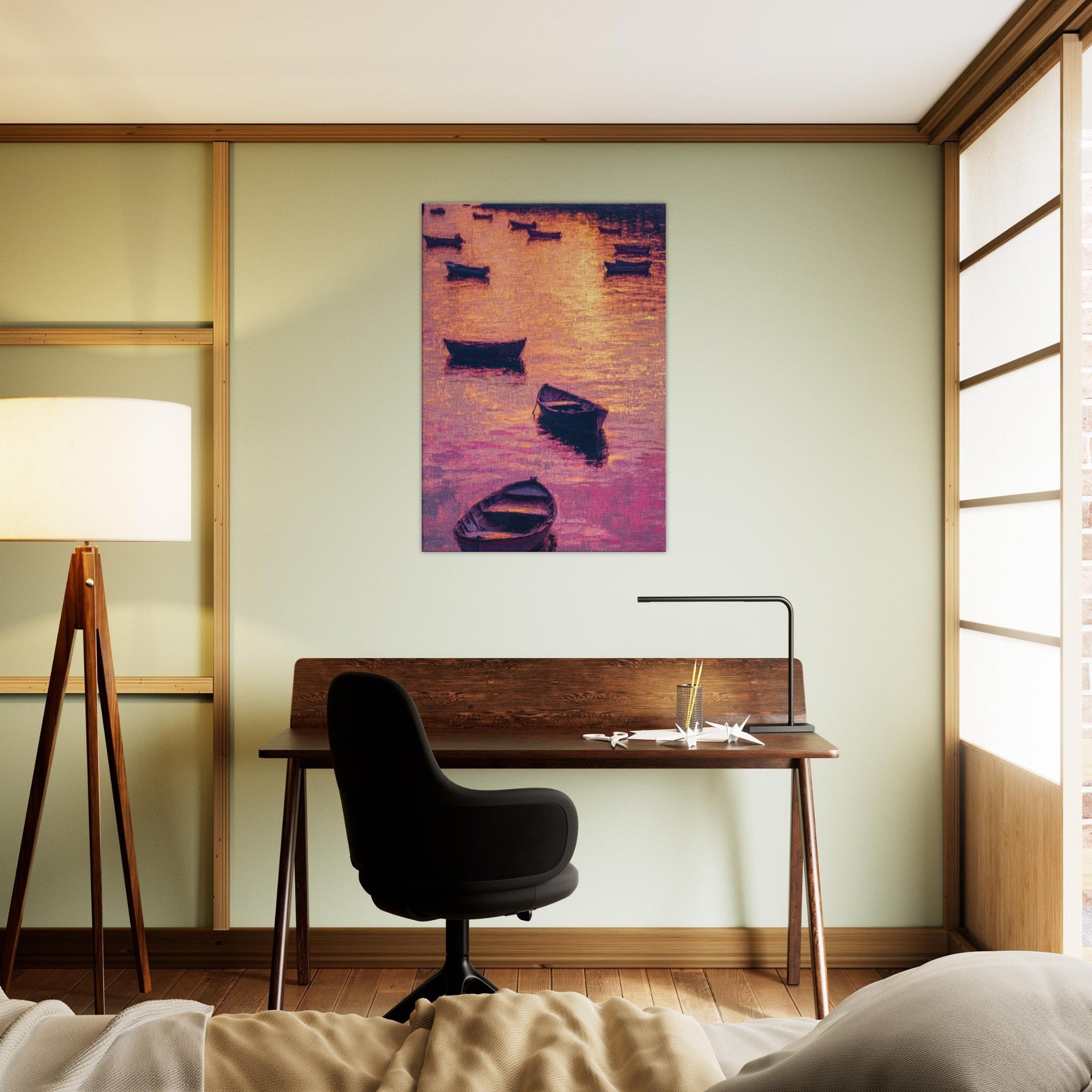 Canvas Portrait - Boats at Dusk A harbor filled with gently rocky - Shop Ai Art WebShop - Digital Art online Store
