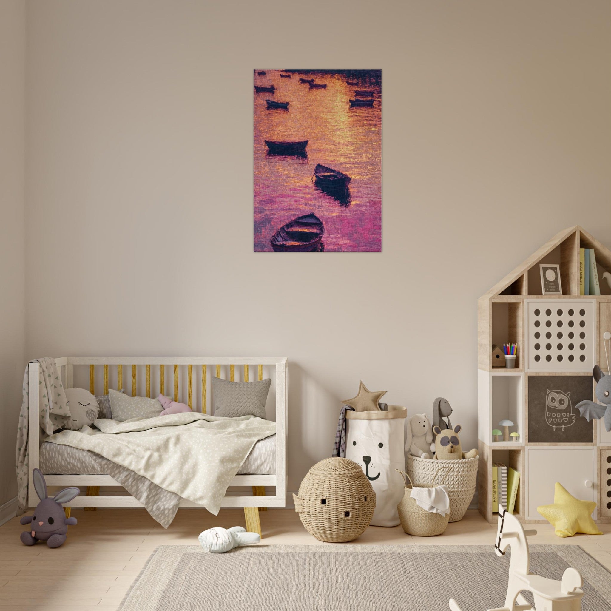 Canvas Portrait - Boats at Dusk A harbor filled with gently rocky - Shop Ai Art WebShop - Digital Art online Store