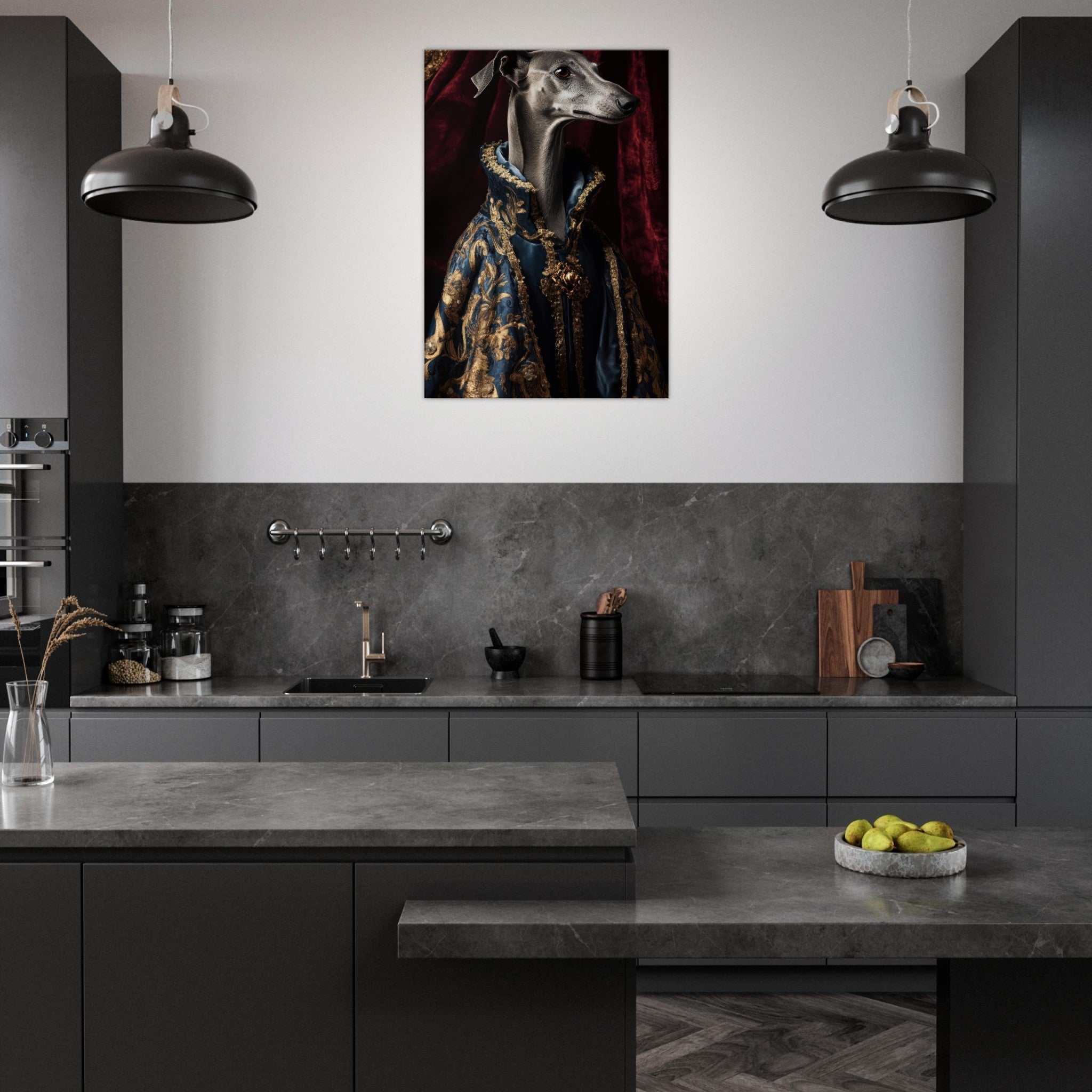 Canvas Portrait - Elegant Baroque Greyhound Portrait A sleek grey 2 - Shop Ai Art WebShop - Digital Art online Store