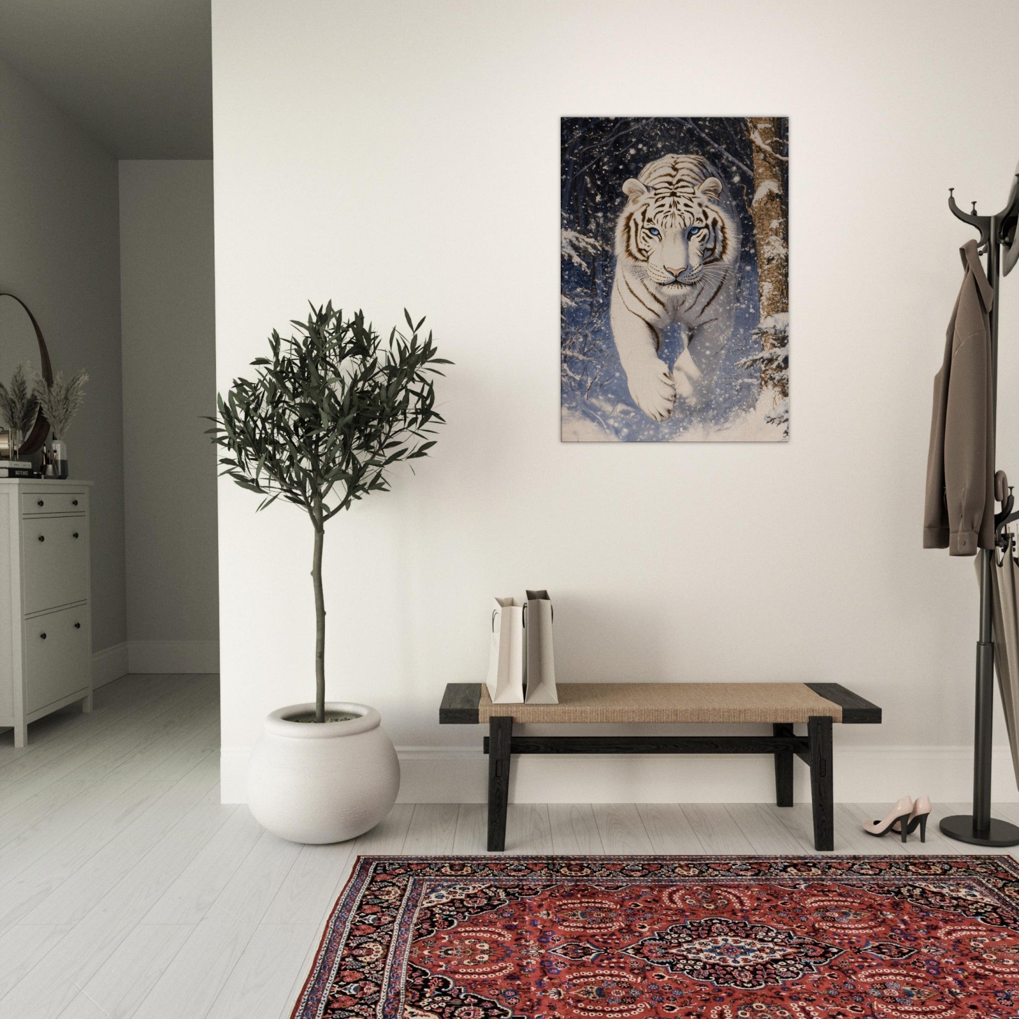 Canvas Portrait - Majestic White Tiger in a Snowy Forest A powerful - Shop Ai Art WebShop - Digital Art online Store