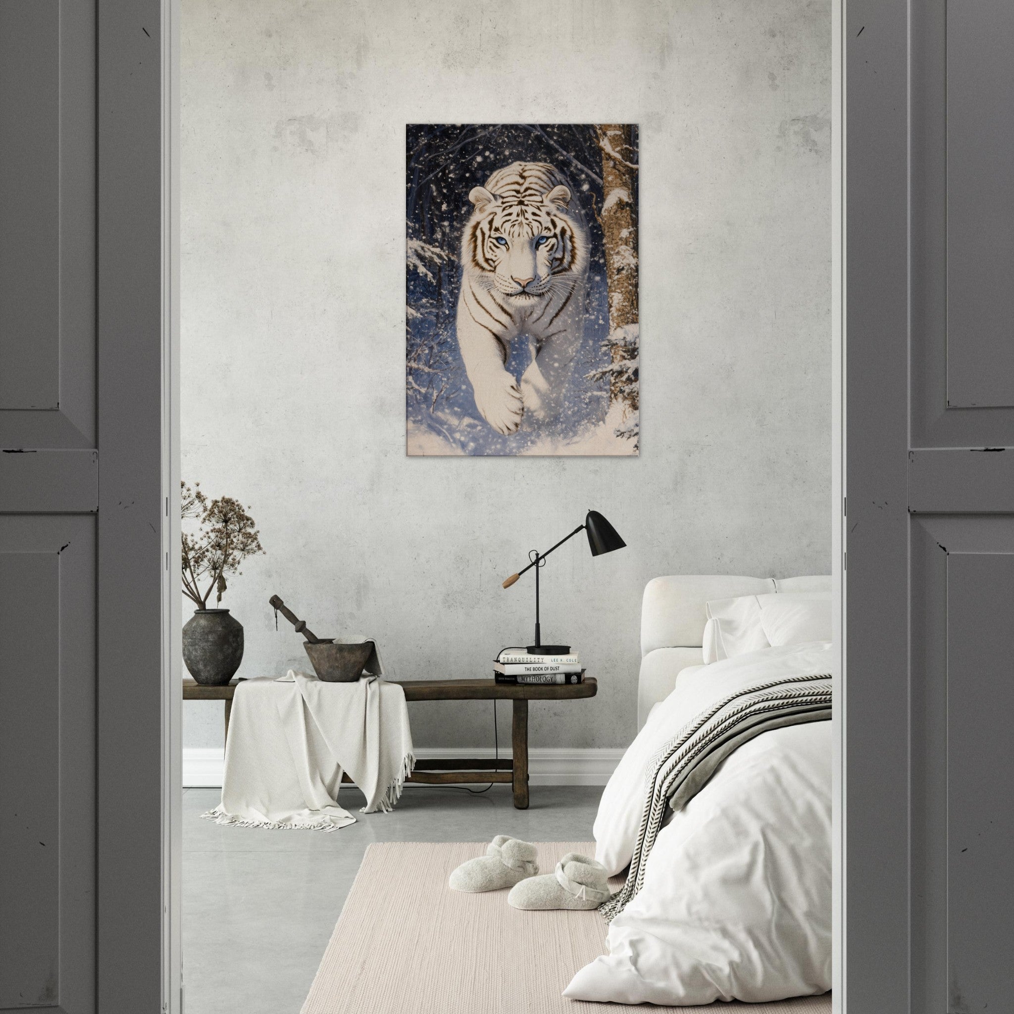 Canvas Portrait - Majestic White Tiger in a Snowy Forest A powerful - Shop Ai Art WebShop - Digital Art online Store