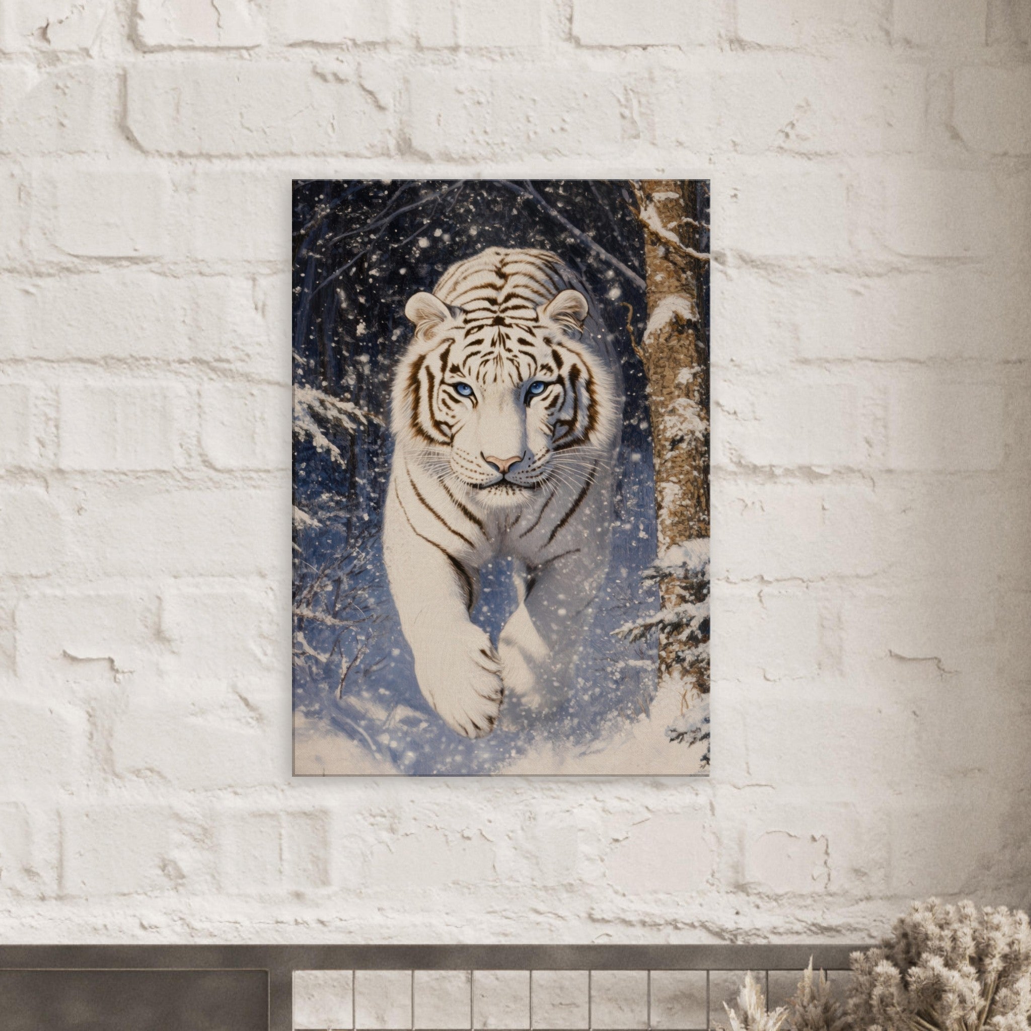 Canvas Portrait - Majestic White Tiger in a Snowy Forest A powerful - Shop Ai Art WebShop - Digital Art online Store