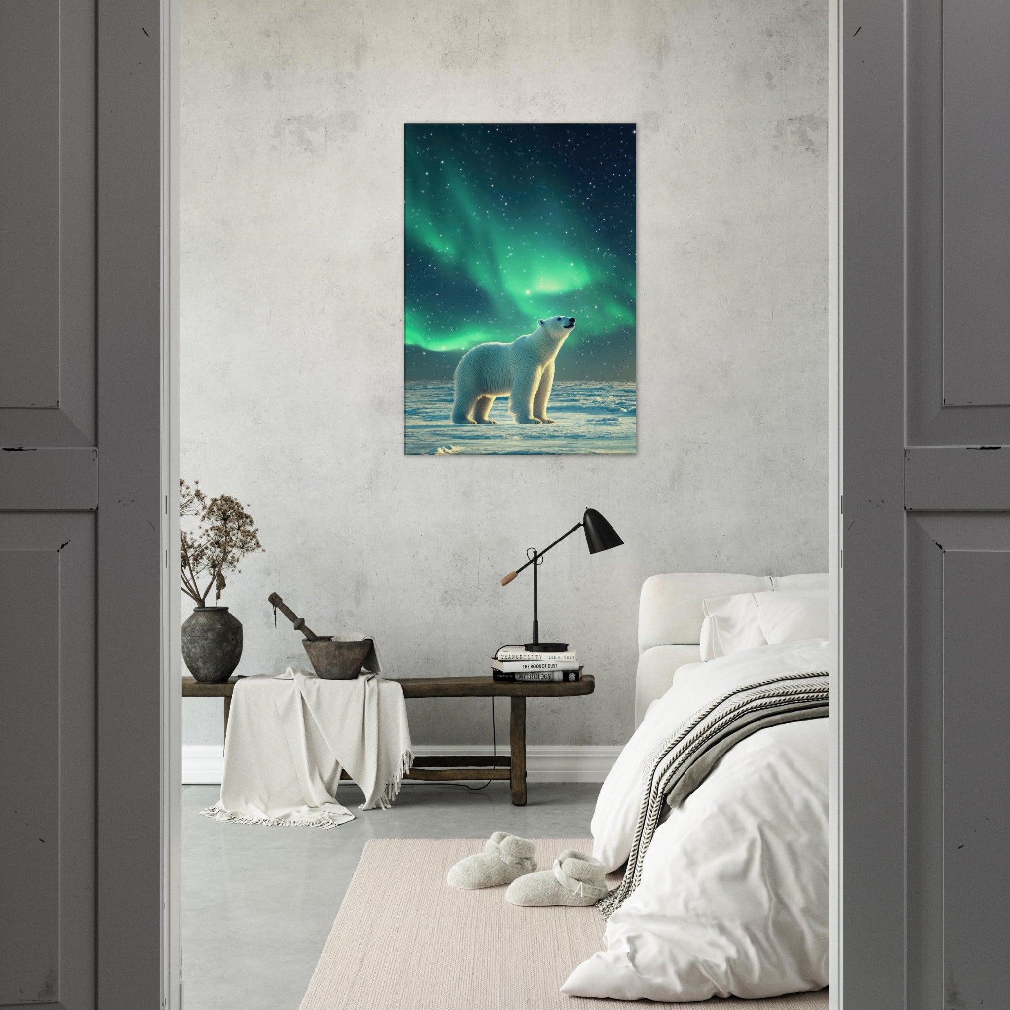 Canvas Portrait - Polar Bear Under the Aurora Borealis A solitary 3 - Shop Ai Art WebShop - Digital Art online Store