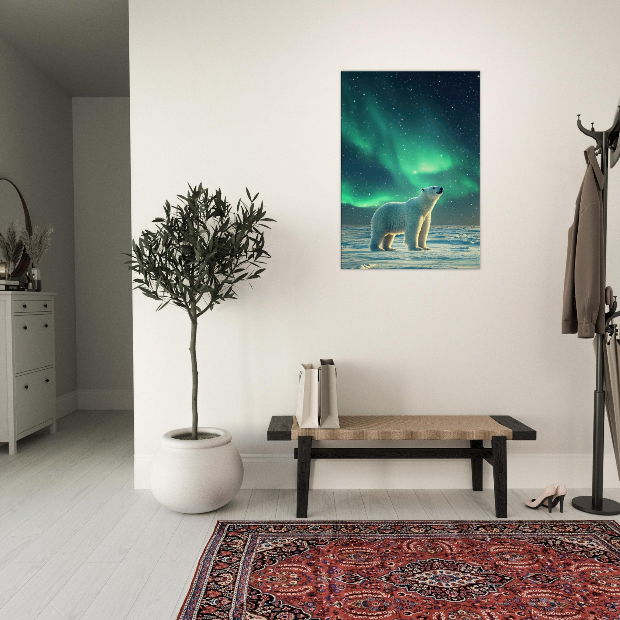 Canvas Portrait - Polar Bear Under the Aurora Borealis A solitary 3 - Shop Ai Art WebShop - Digital Art online Store