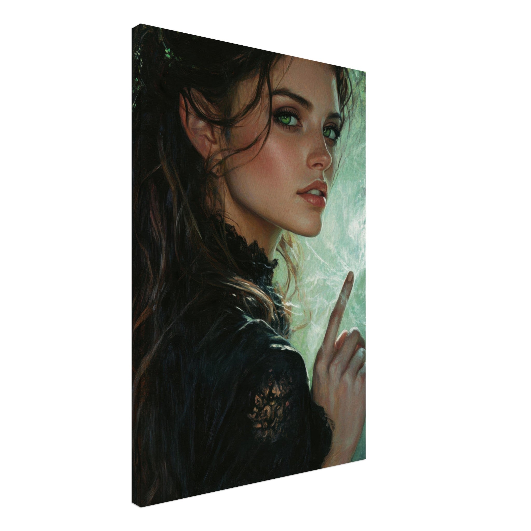 Canvas Portrait - The Fae Sorceress of the Emerald Woods Oil Faint 6 - Shop Ai Art WebShop - Digital Art online Store