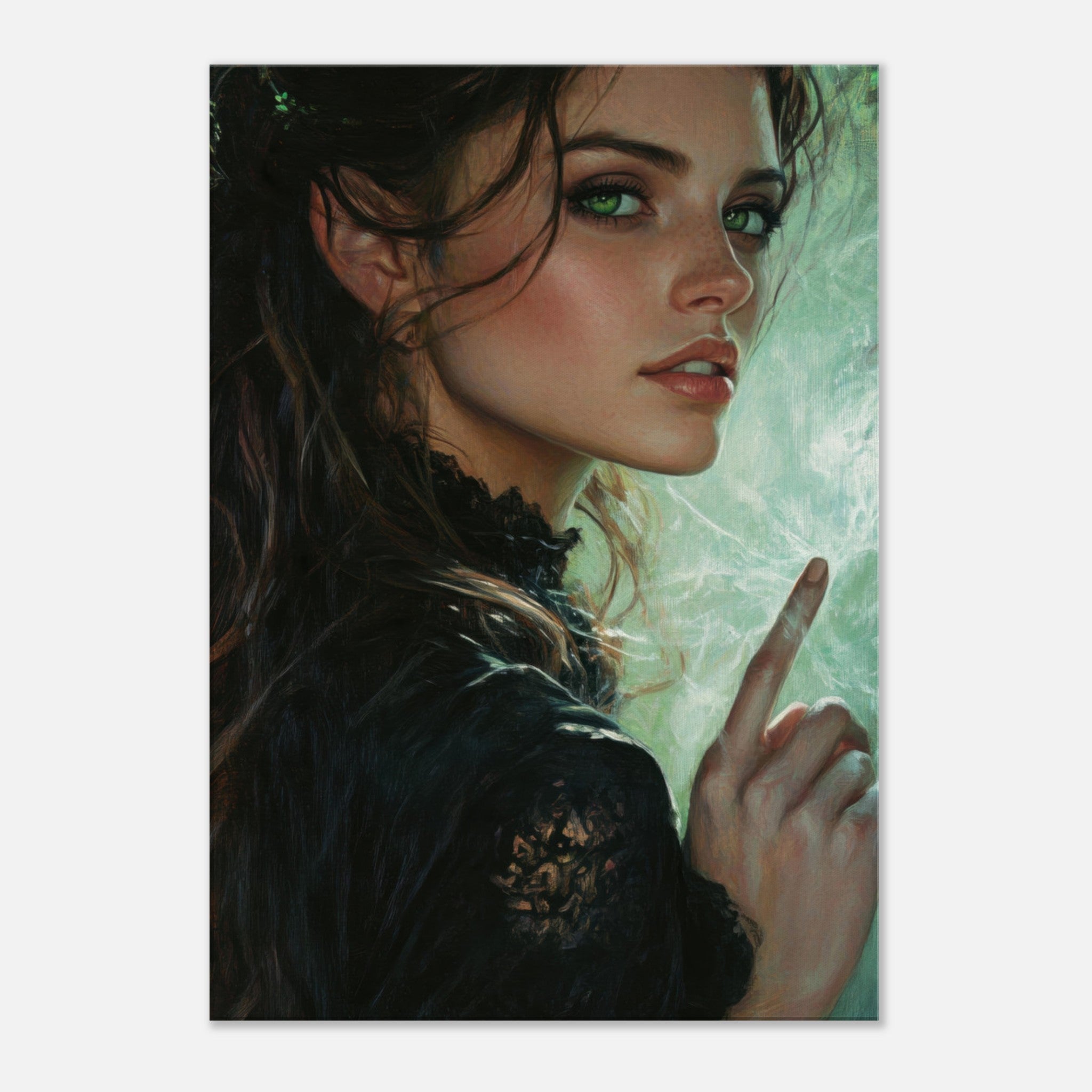 Canvas Portrait - The Fae Sorceress of the Emerald Woods Oil Faint 6 - Shop Ai Art WebShop - Digital Art online Store