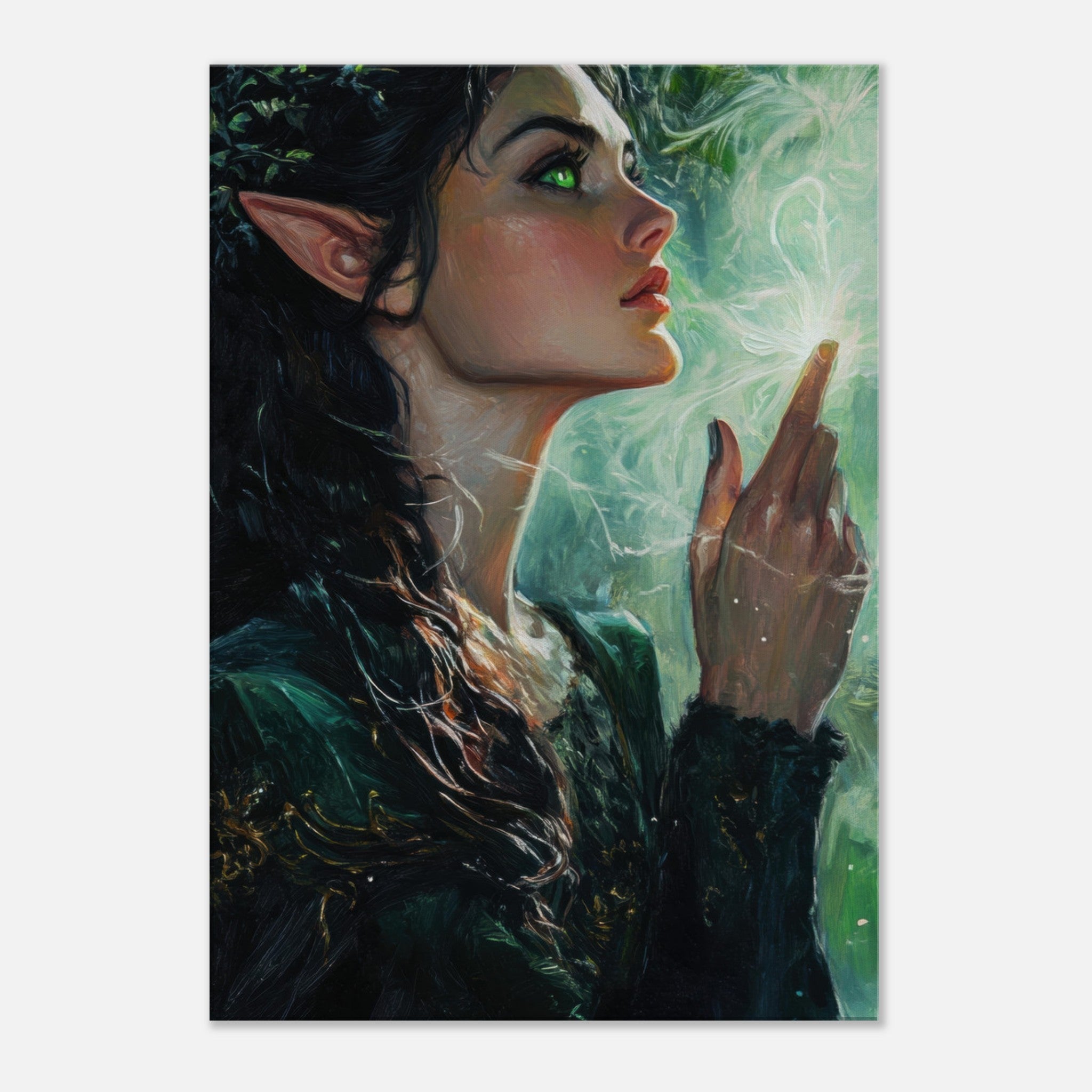 Canvas Portrait - The Fae Sorceress of the Emerald Woods Oil Faint 7 - Shop Ai Art WebShop - Digital Art online Store