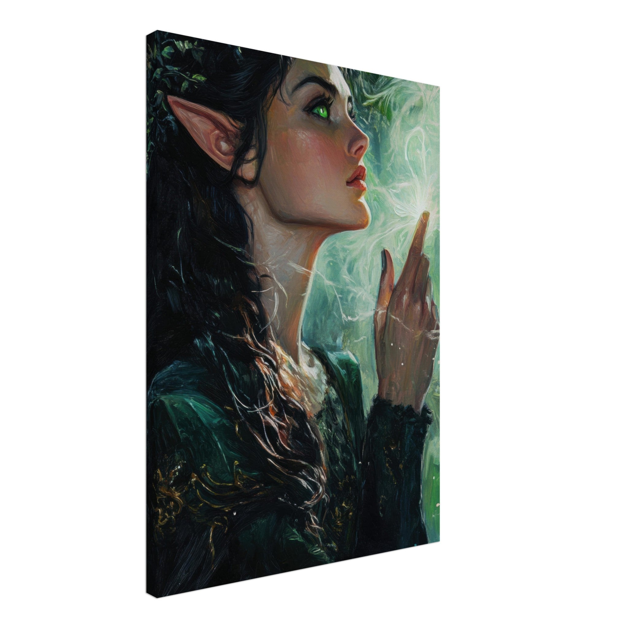 Canvas Portrait - The Fae Sorceress of the Emerald Woods Oil Faint 7 - Shop Ai Art WebShop - Digital Art online Store