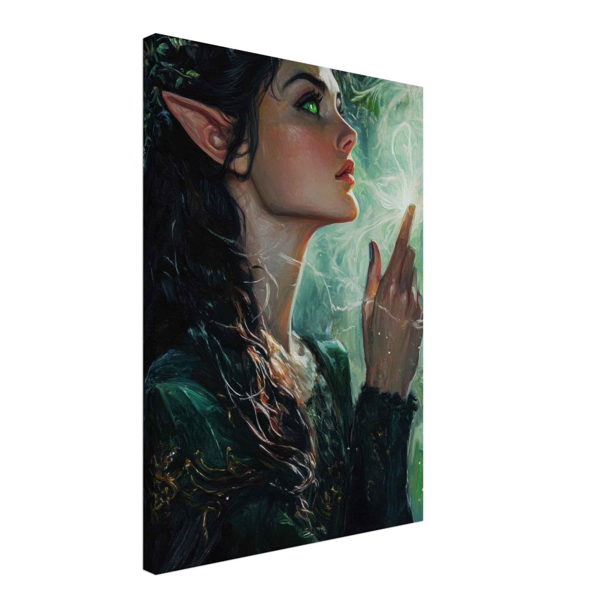 Canvas Portrait - The Fae Sorceress of the Emerald Woods Oil Faint 7 - Shop Ai Art WebShop - Digital Art online Store