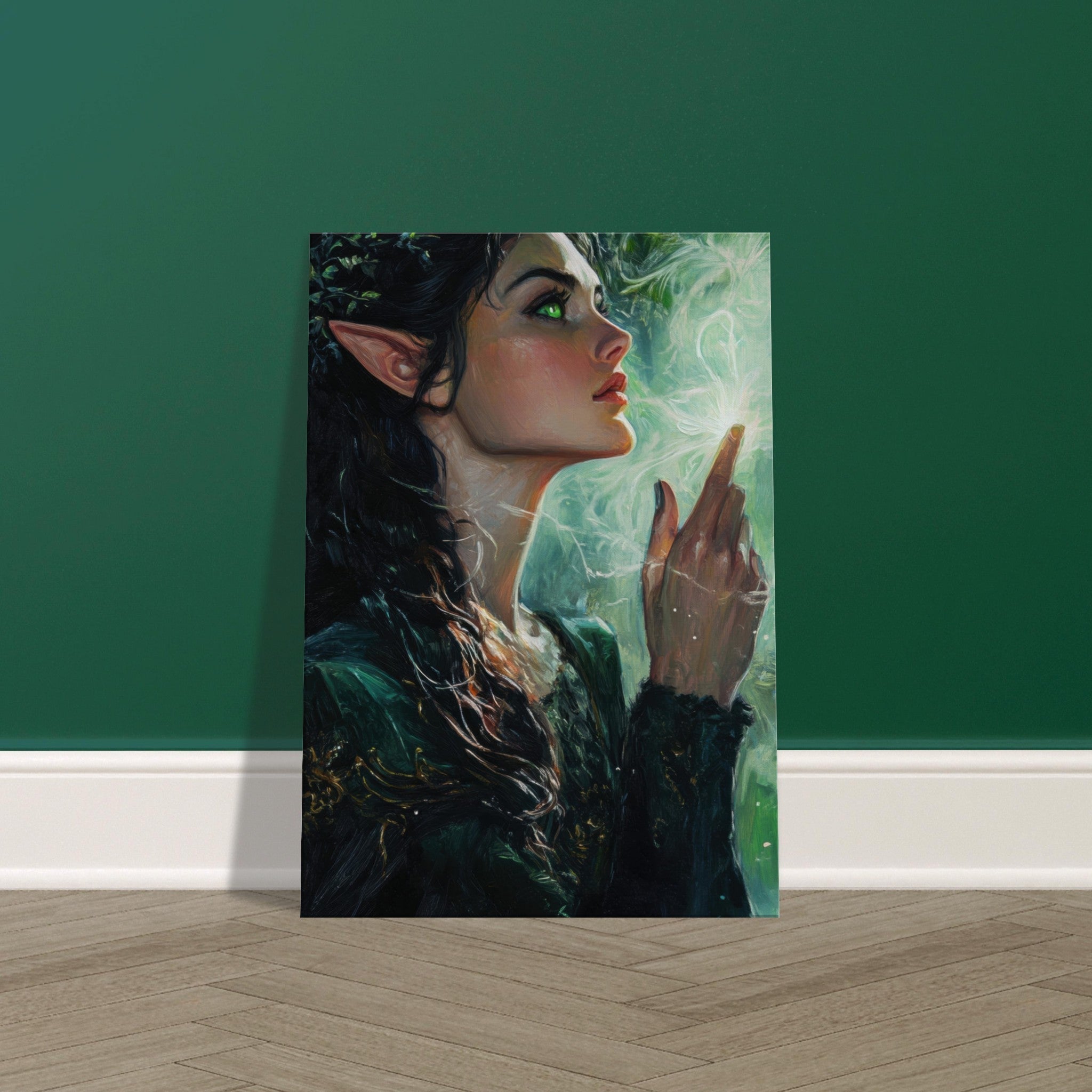 Canvas Portrait - The Fae Sorceress of the Emerald Woods Oil Faint 7 - Shop Ai Art WebShop - Digital Art online Store