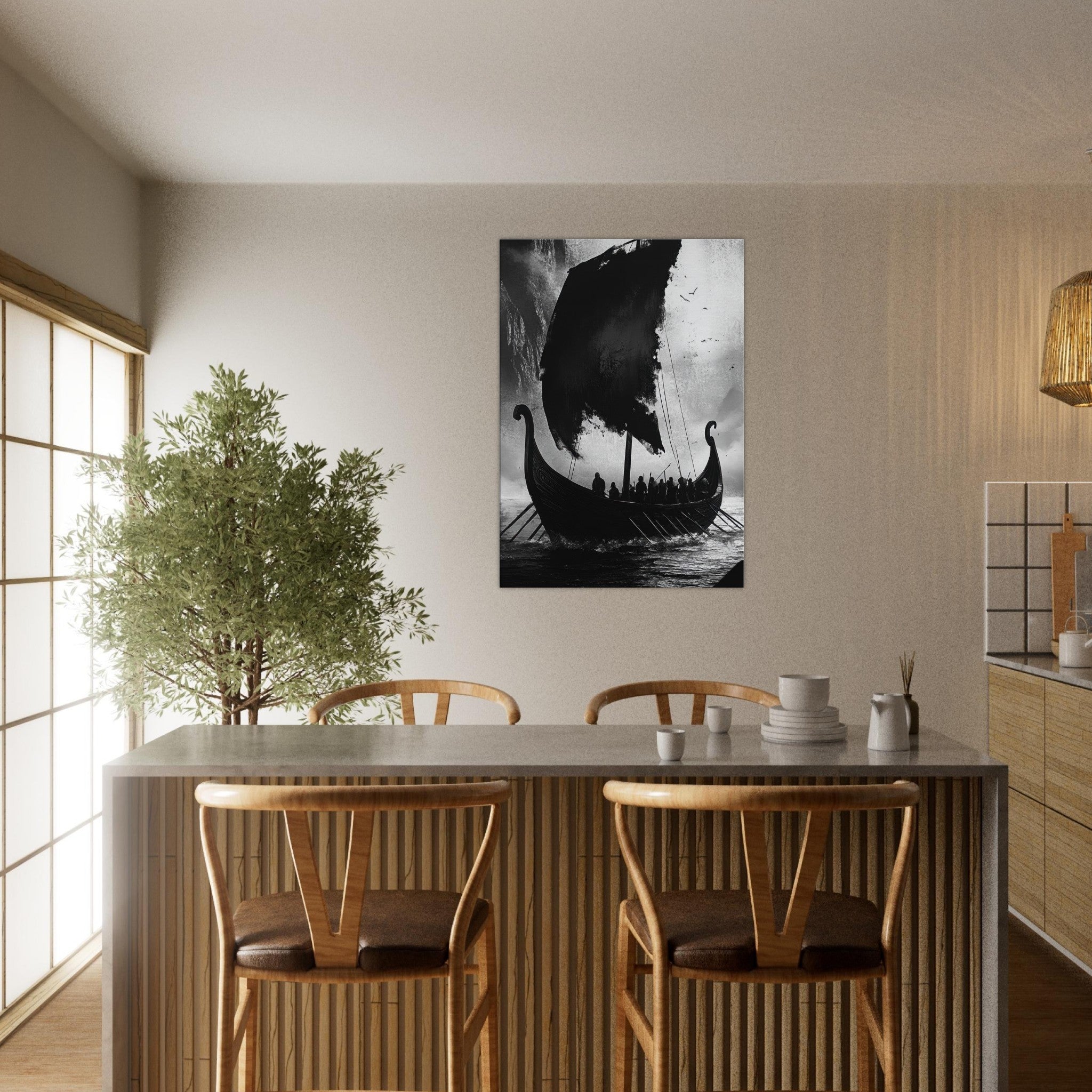 Canvas Portrait - The Ghostly Viking Longship Dark Nordic Ink Met - Shop Ai Art WebShop - Digital Art online Store