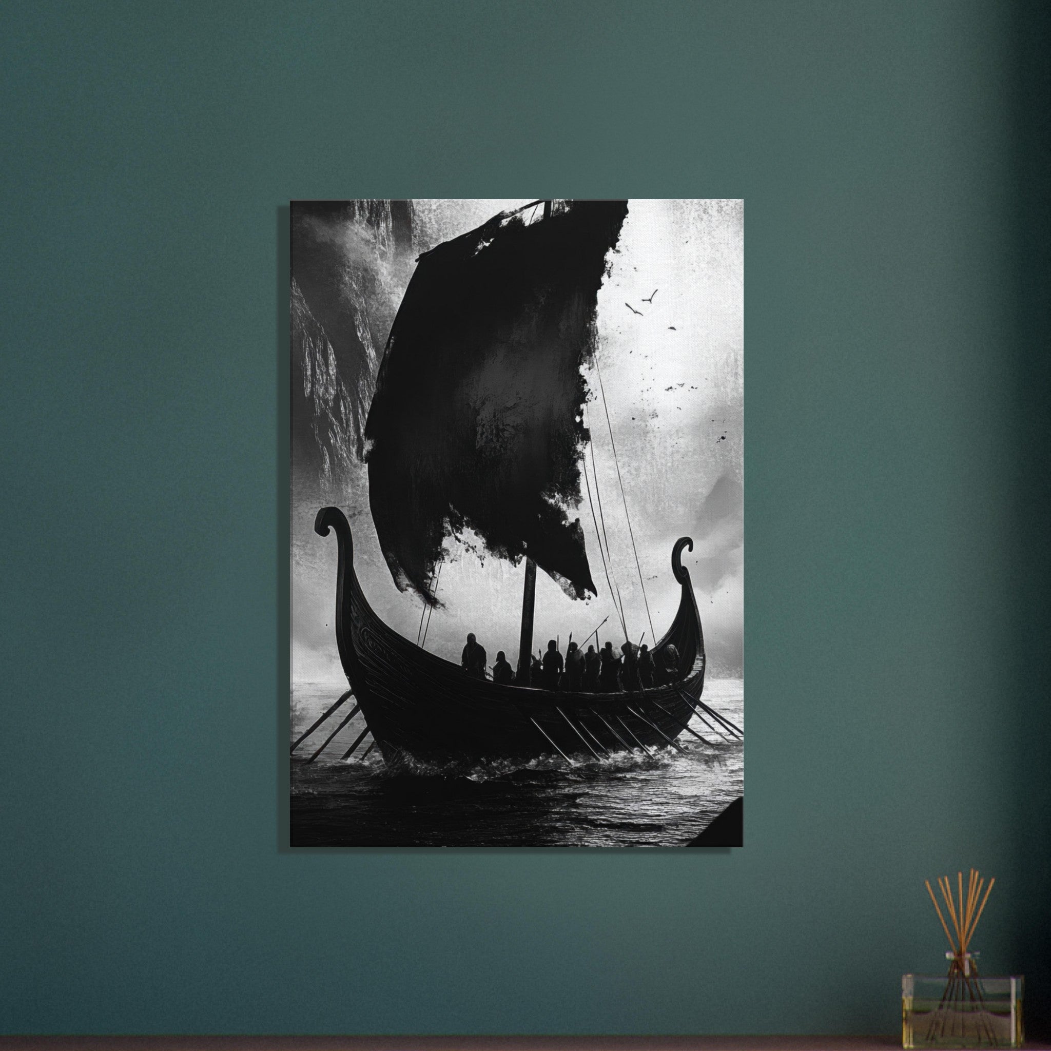 Canvas Portrait - The Ghostly Viking Longship Dark Nordic Ink Met - Shop Ai Art WebShop - Digital Art online Store