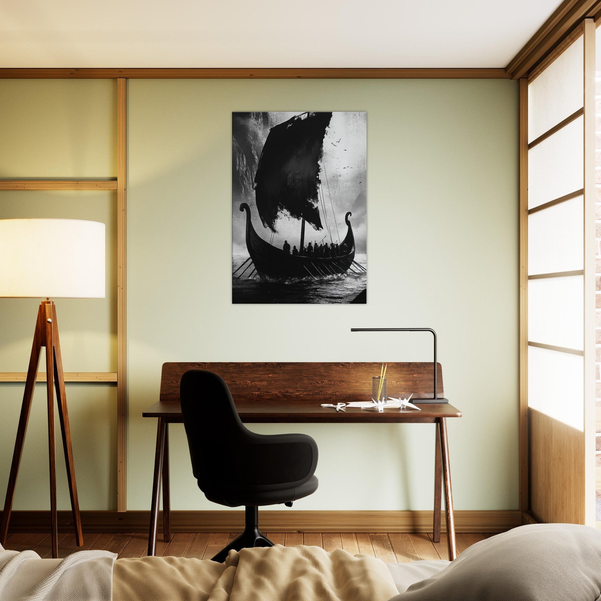 Canvas Portrait - The Ghostly Viking Longship Dark Nordic Ink Met - Shop Ai Art WebShop - Digital Art online Store