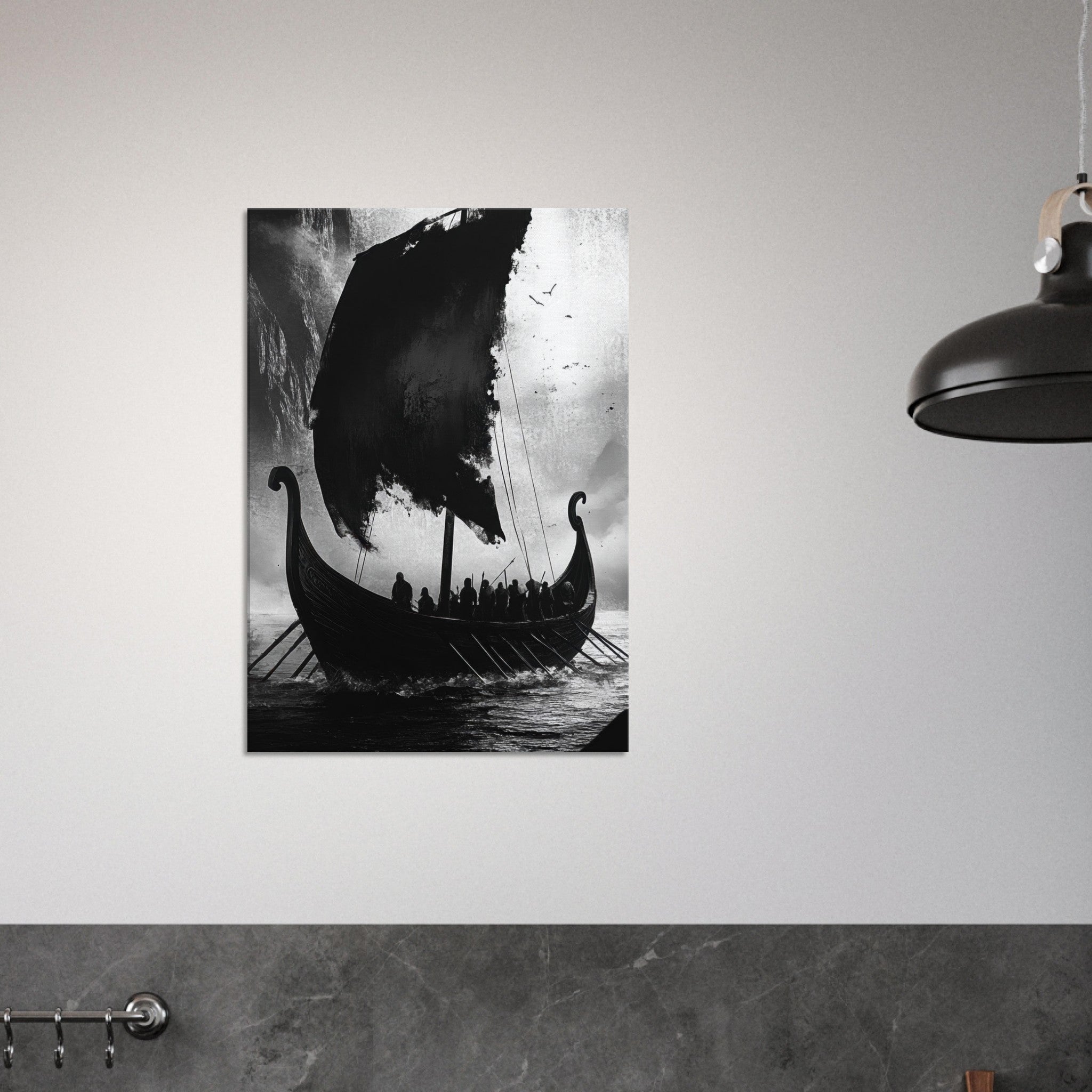 Canvas Portrait - The Ghostly Viking Longship Dark Nordic Ink Met - Shop Ai Art WebShop - Digital Art online Store