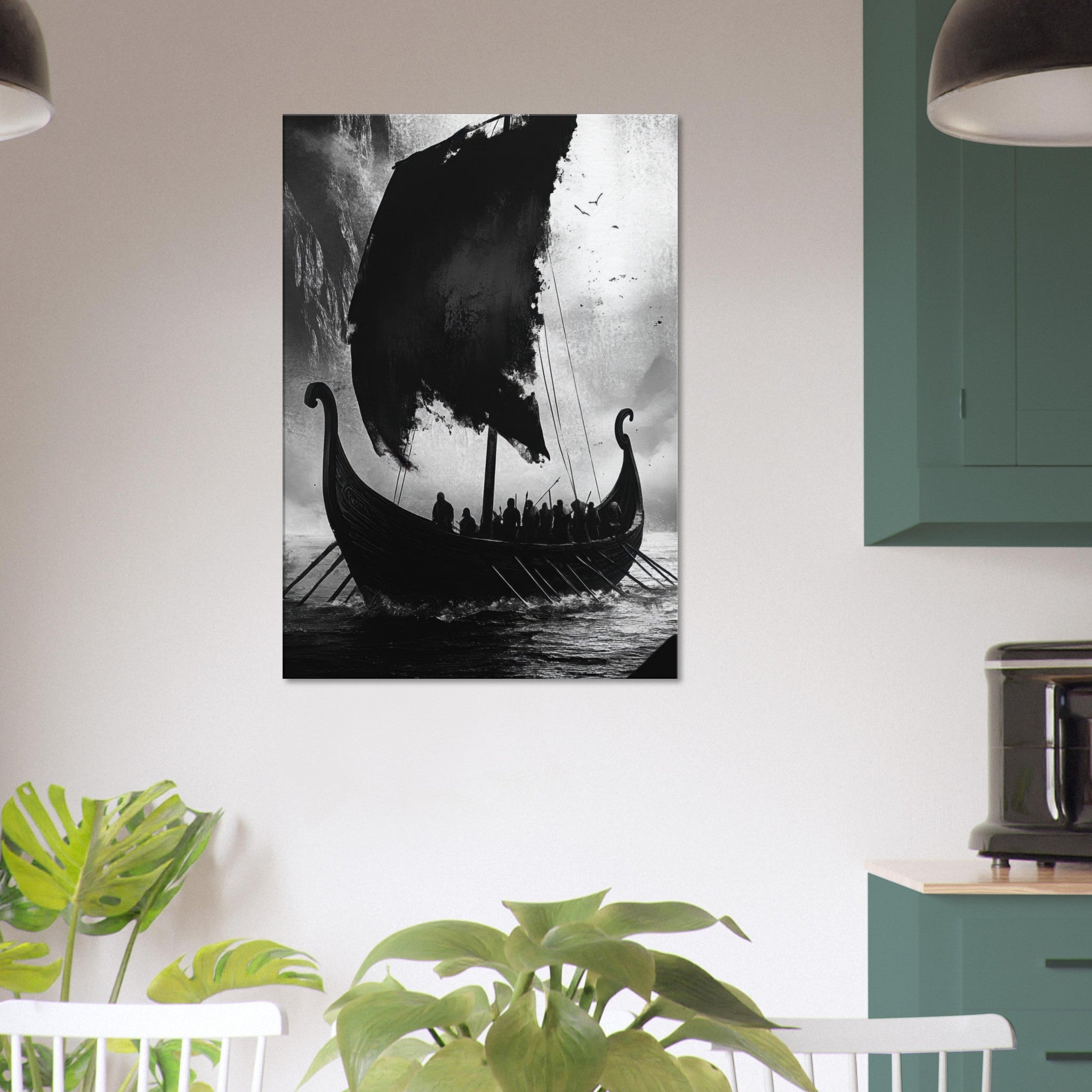 Canvas Portrait - The Ghostly Viking Longship Dark Nordic Ink Met - Shop Ai Art WebShop - Digital Art online Store