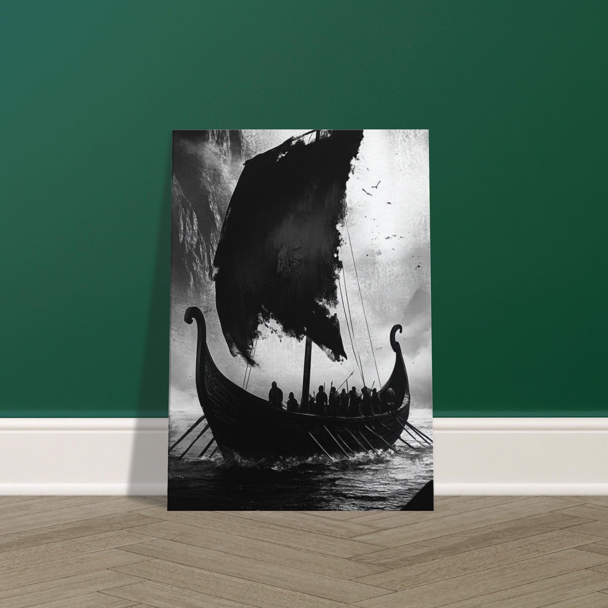 Canvas Portrait - The Ghostly Viking Longship Dark Nordic Ink Met - Shop Ai Art WebShop - Digital Art online Store