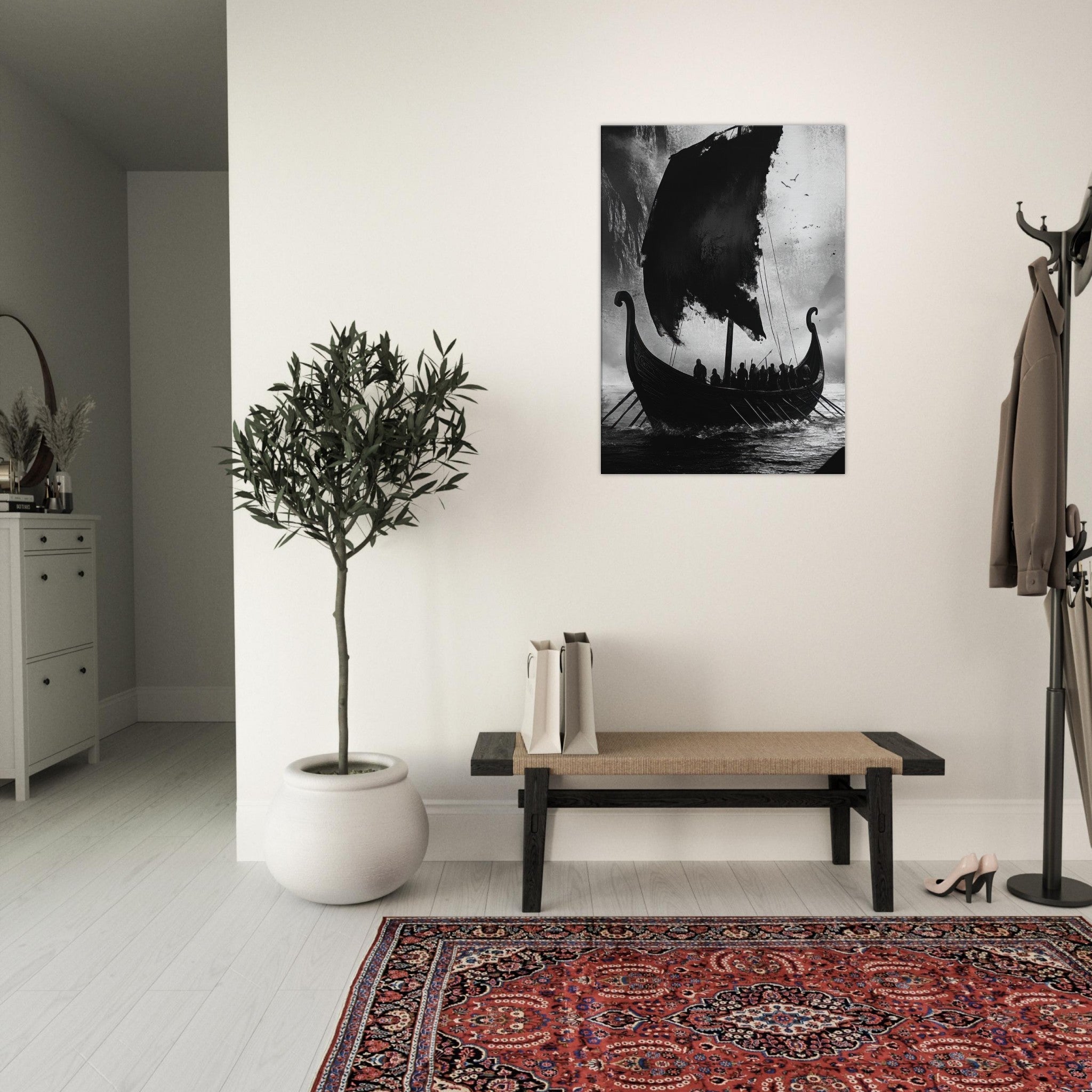 Canvas Portrait - The Ghostly Viking Longship Dark Nordic Ink Met - Shop Ai Art WebShop - Digital Art online Store