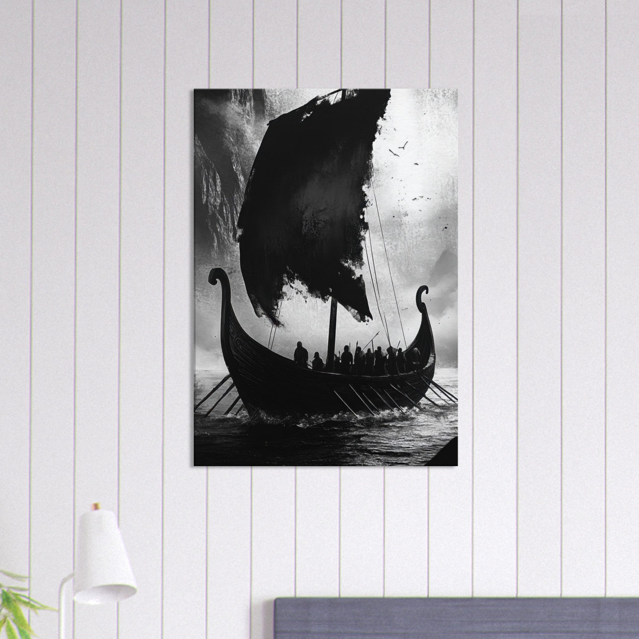 Canvas Portrait - The Ghostly Viking Longship Dark Nordic Ink Met - Shop Ai Art WebShop - Digital Art online Store