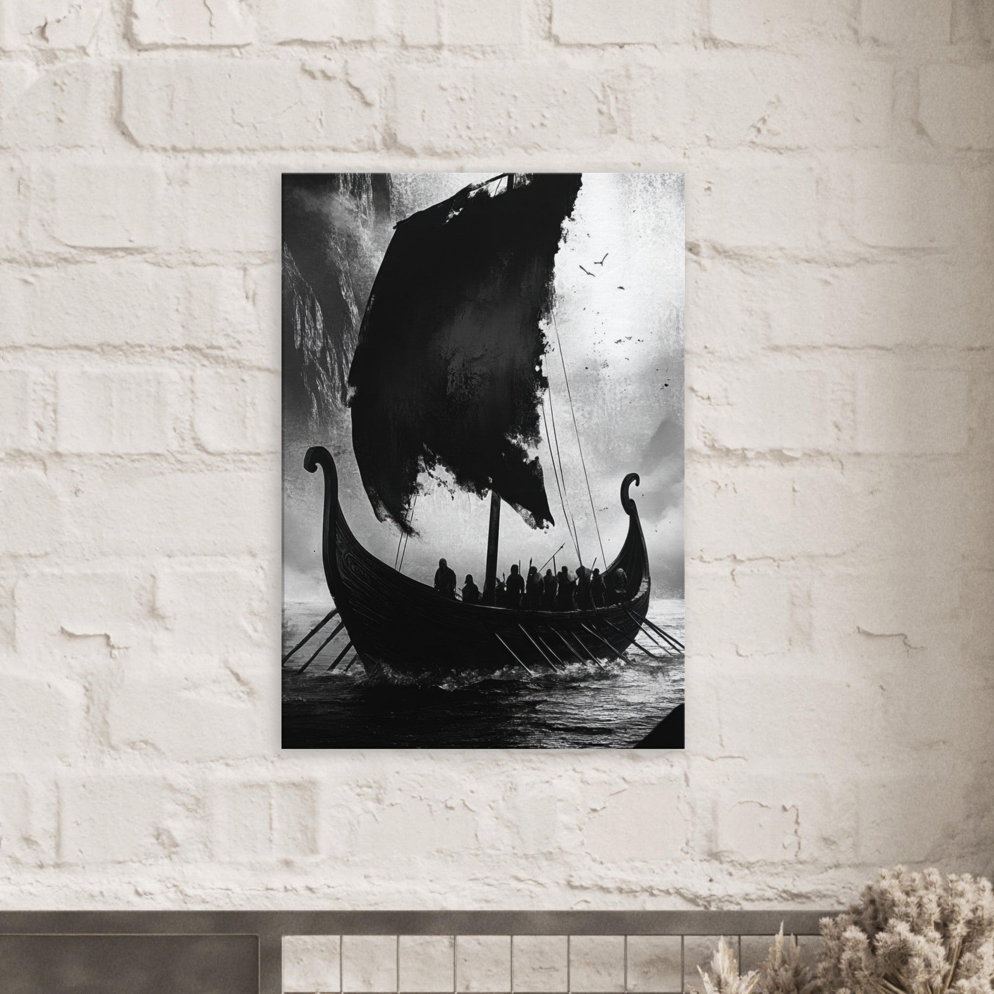 Canvas Portrait - The Ghostly Viking Longship Dark Nordic Ink Met - Shop Ai Art WebShop - Digital Art online Store