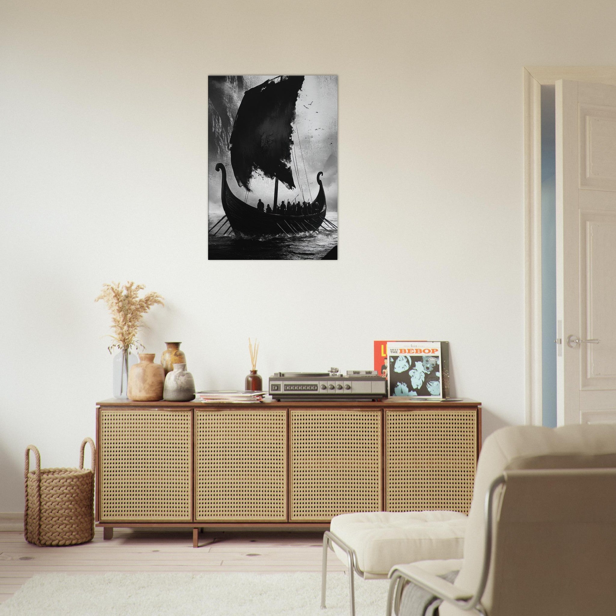 Canvas Portrait - The Ghostly Viking Longship Dark Nordic Ink Met - Shop Ai Art WebShop - Digital Art online Store