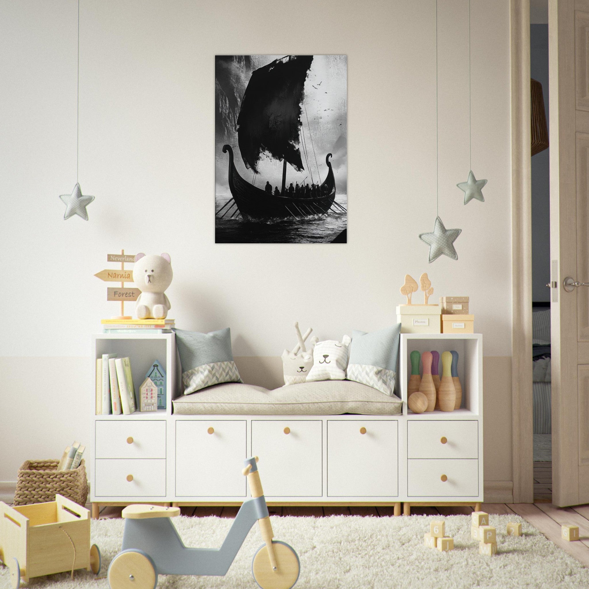 Canvas Portrait - The Ghostly Viking Longship Dark Nordic Ink Met - Ai Art Force