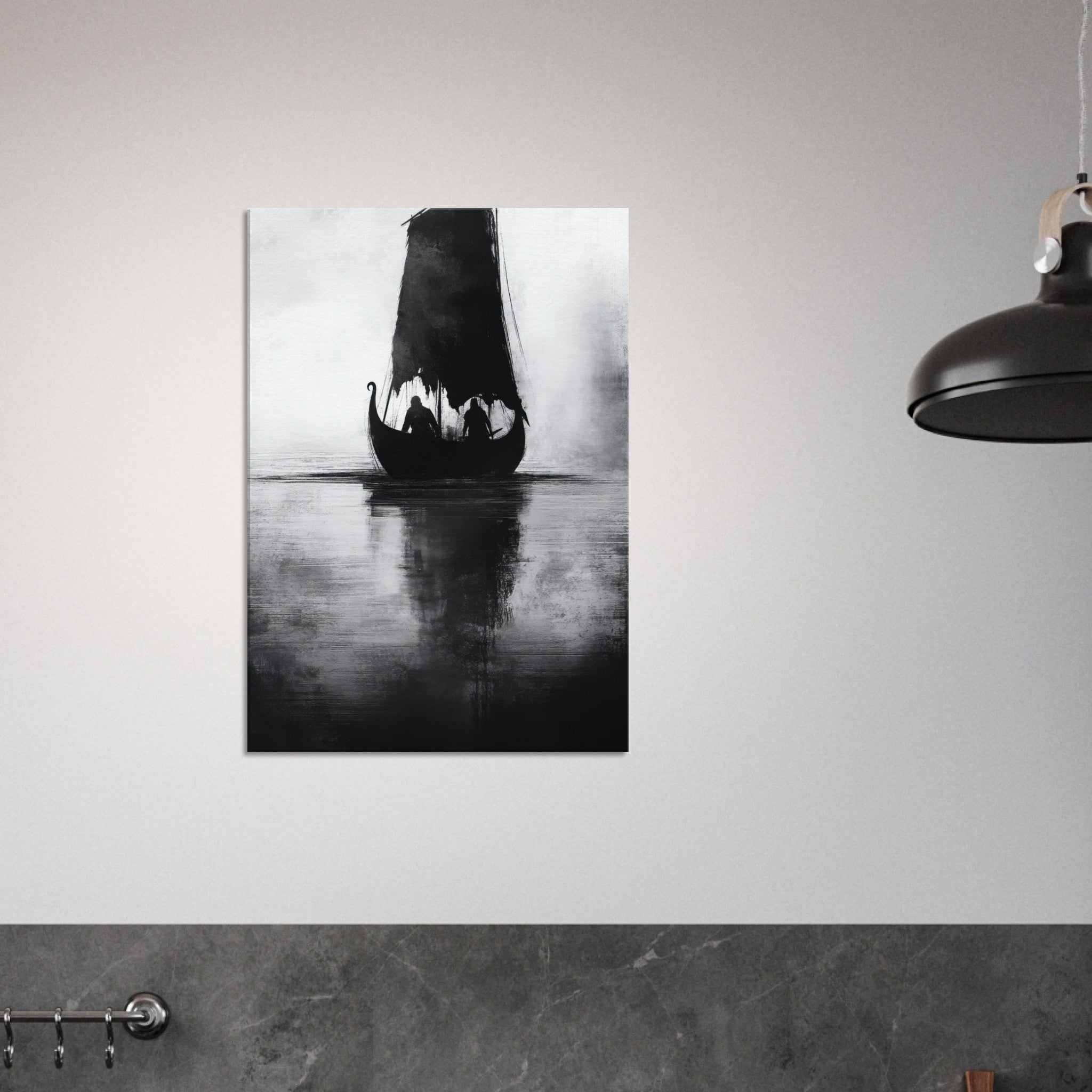 Canvas Portrait - The Ghostly Viking Longship Dark Nordic Ink Met 4 - Shop Ai Art WebShop - Digital Art online Store