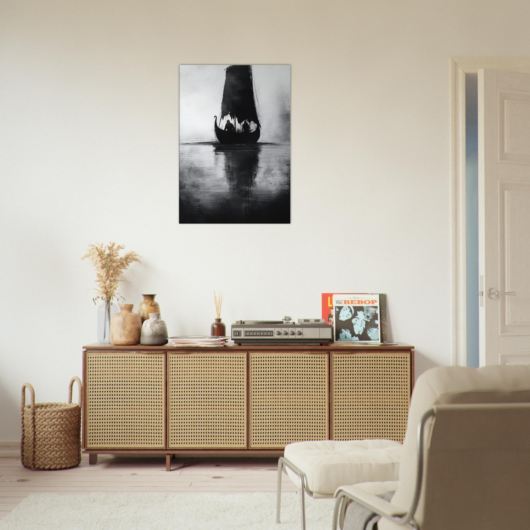 Canvas Portrait - The Ghostly Viking Longship Dark Nordic Ink Met 4 - Shop Ai Art WebShop - Digital Art online Store