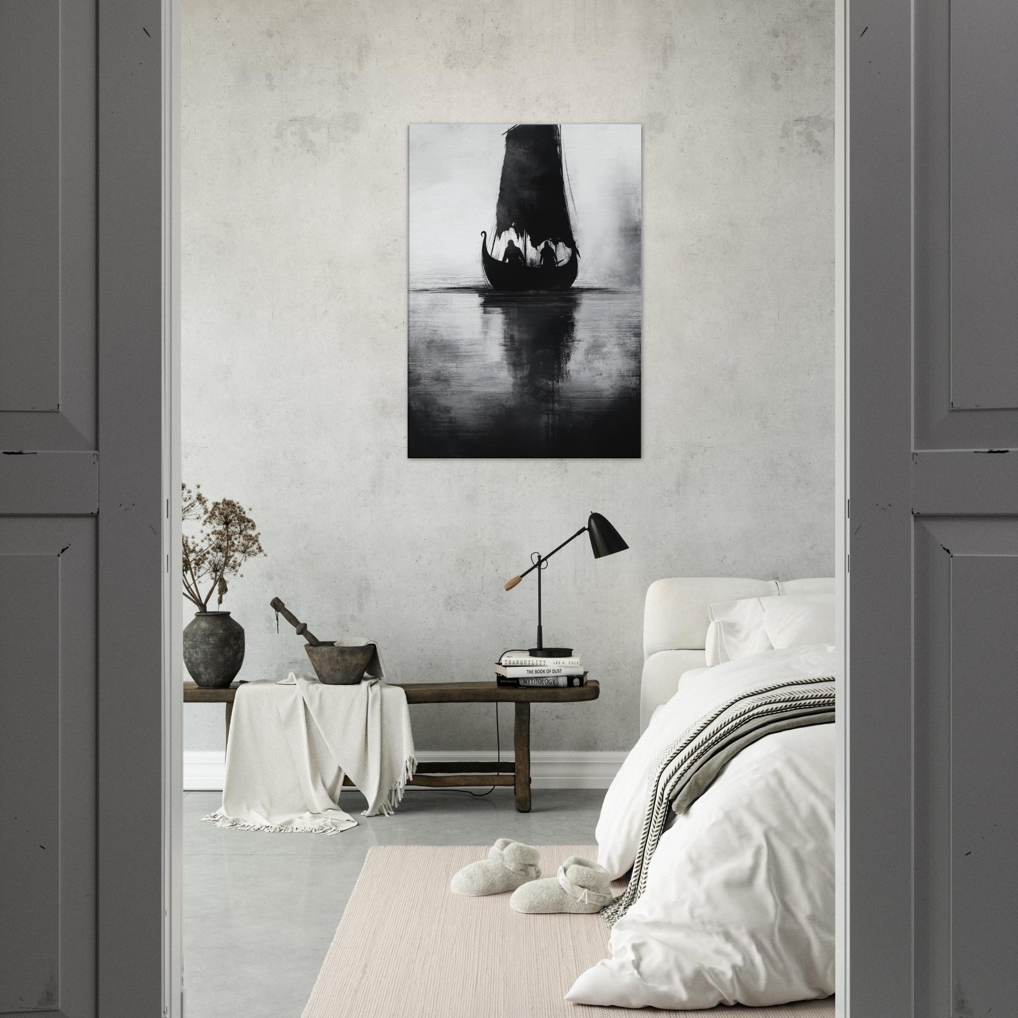 Canvas Portrait - The Ghostly Viking Longship Dark Nordic Ink Met 4 - Shop Ai Art WebShop - Digital Art online Store