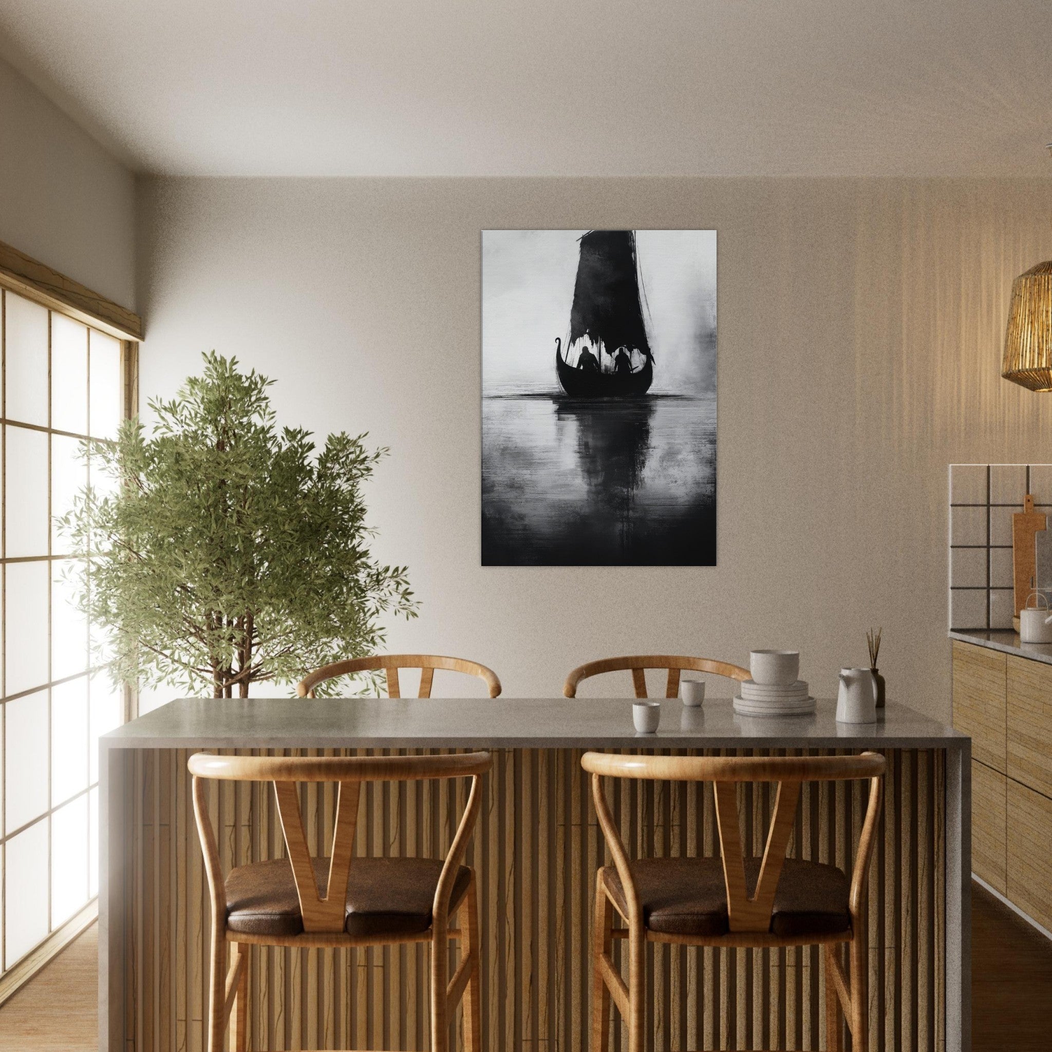 Canvas Portrait - The Ghostly Viking Longship Dark Nordic Ink Met 4 - Shop Ai Art WebShop - Digital Art online Store
