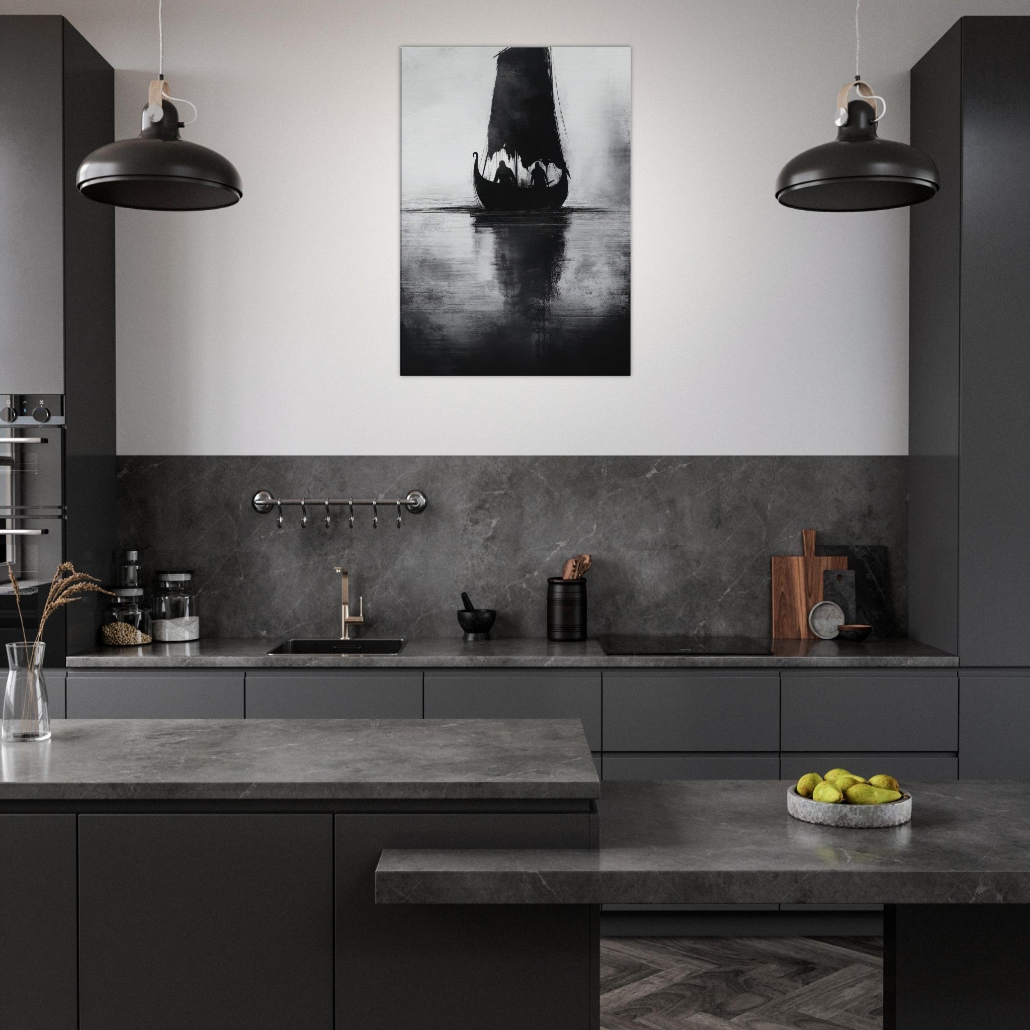 Canvas Portrait - The Ghostly Viking Longship Dark Nordic Ink Met 4 - Shop Ai Art WebShop - Digital Art online Store