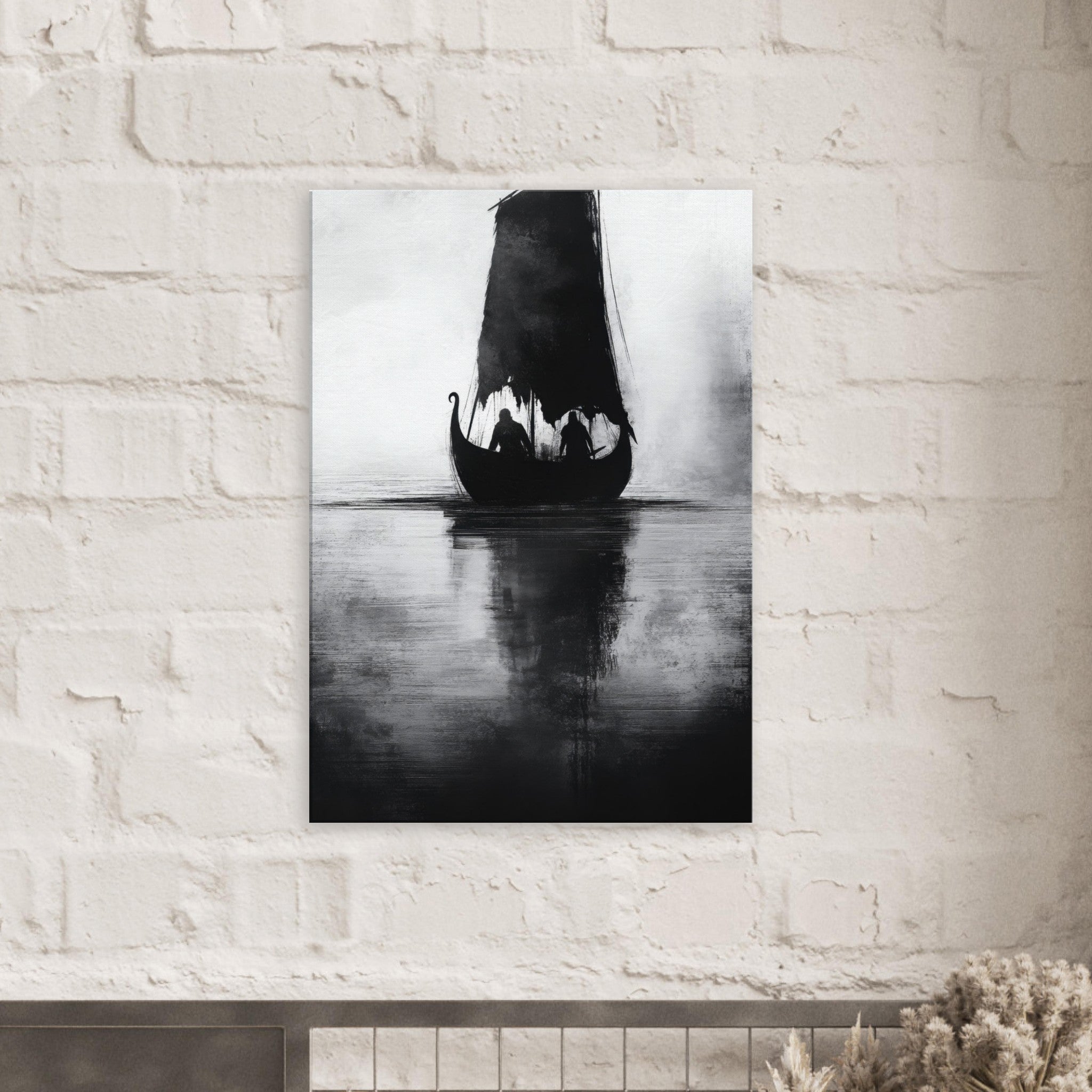 Canvas Portrait - The Ghostly Viking Longship Dark Nordic Ink Met 4 - Shop Ai Art WebShop - Digital Art online Store